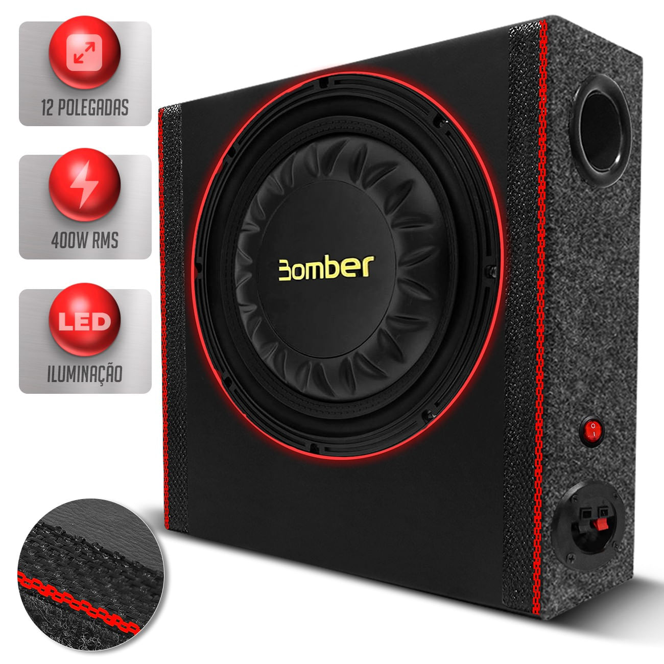 Caixa Som Slim Bomber 400w RMS Subwoofer 12 Pol Slim Grave Forte Pancadão Banco Caminhonete LED
