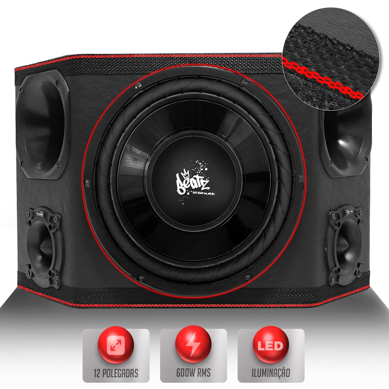 Caixa Som Trio Shutt 3 Lados 600w RMS Subwoofer 12 Pol Beatz + Driver + Tweeter Grave Toca Muito LED
