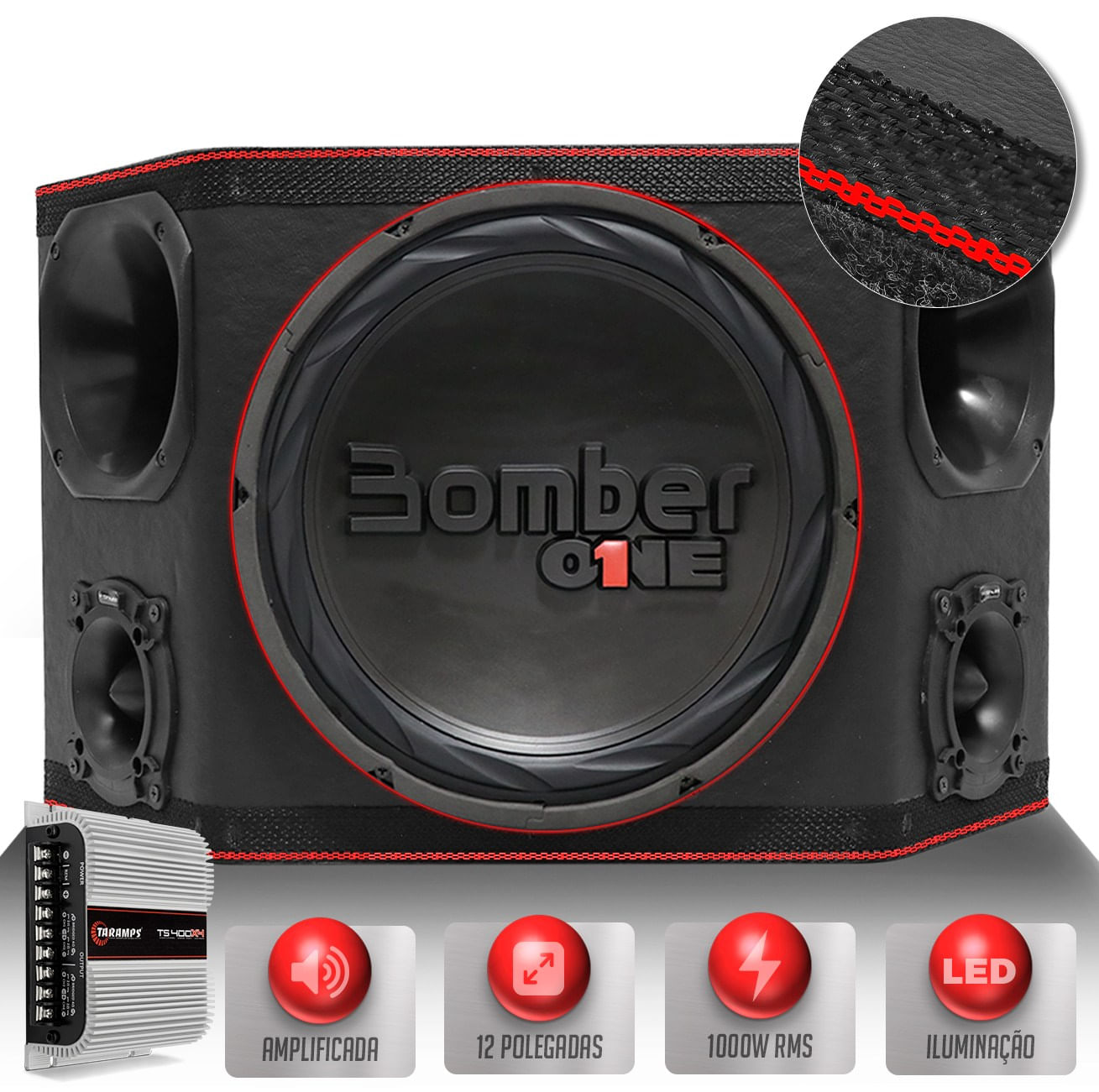 Caixa Som Trio Automotivo Three Side 1000W Subwoofer Bomber 12 B-One + Driver + Tweeter + Ts400 LED