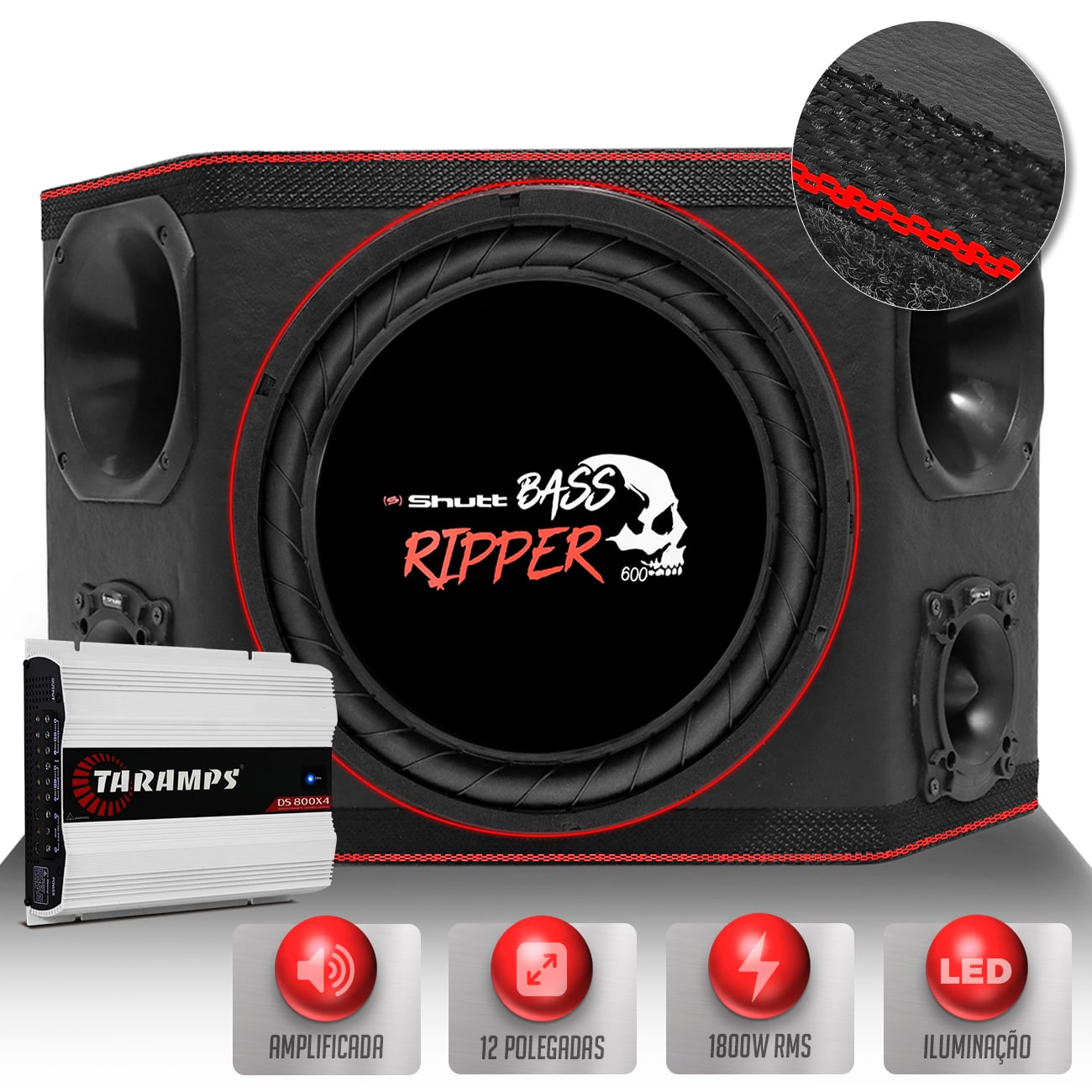 Caixa Som Trio Shutt 3 Lados 1800w RMS Subwoofer Caveira 12 Pol + Módulo Taramps DS800 Pancadão LED