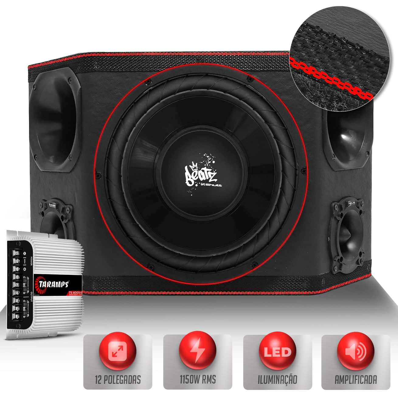 Caixa Som Trio Automotivo Three Side Shutt 1150w RMS Subwoofer Beatz 12 Pol + Módulo Taramps TS400