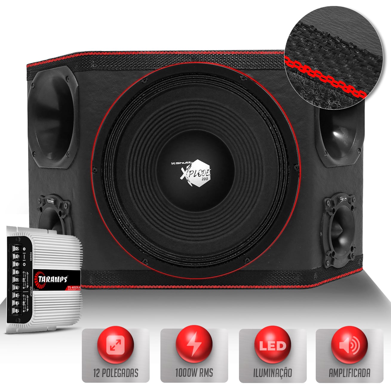 Caixa Som Trio Automotivo Three Side Amplificada Shutt 1000w Woofer Xplode 12 Pol + Módulo TS400 LED