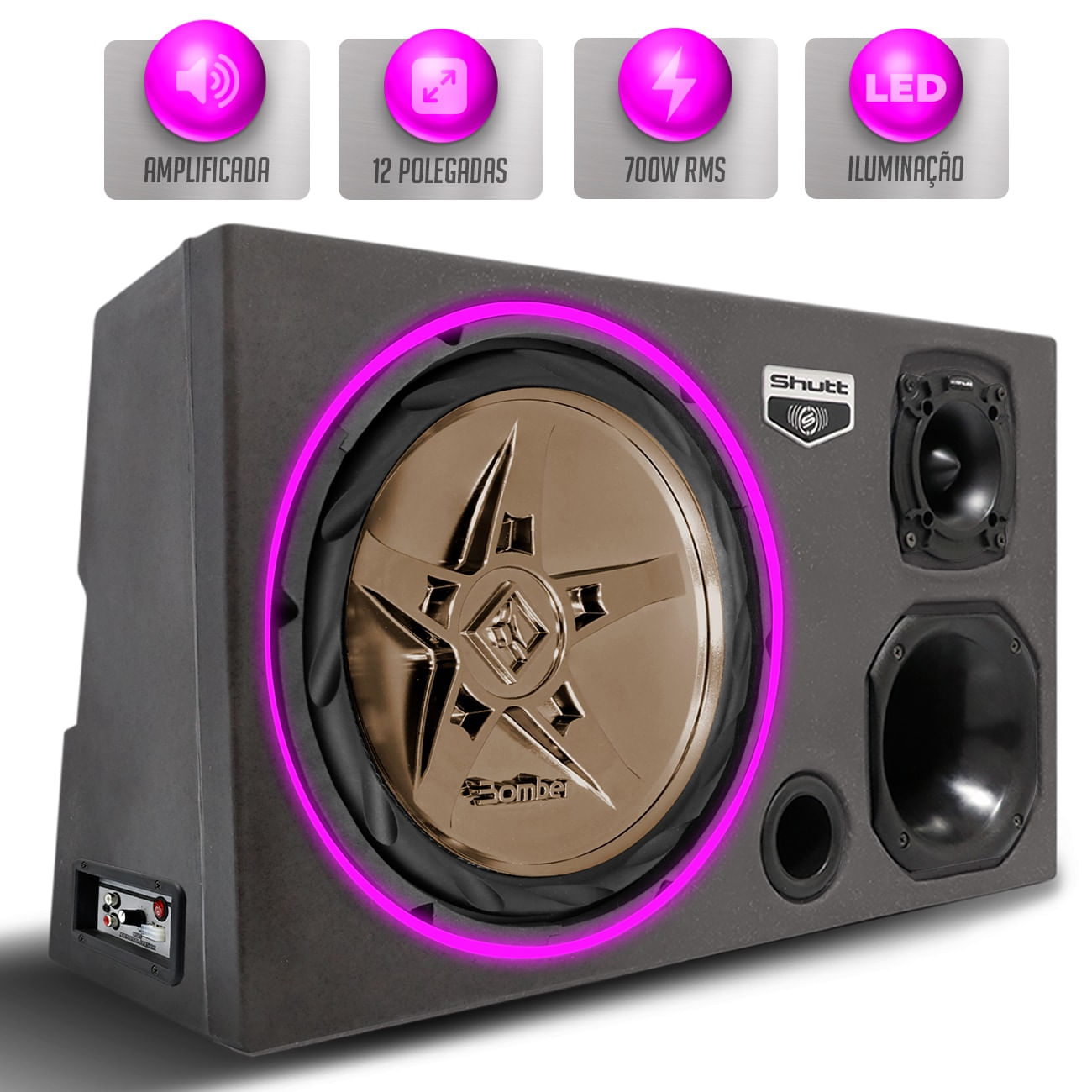 Caixa Som Trio Automotivo Amplificada Pigmentada Bomber 700w RMS Subwoofer 12 Pol New Edge LED