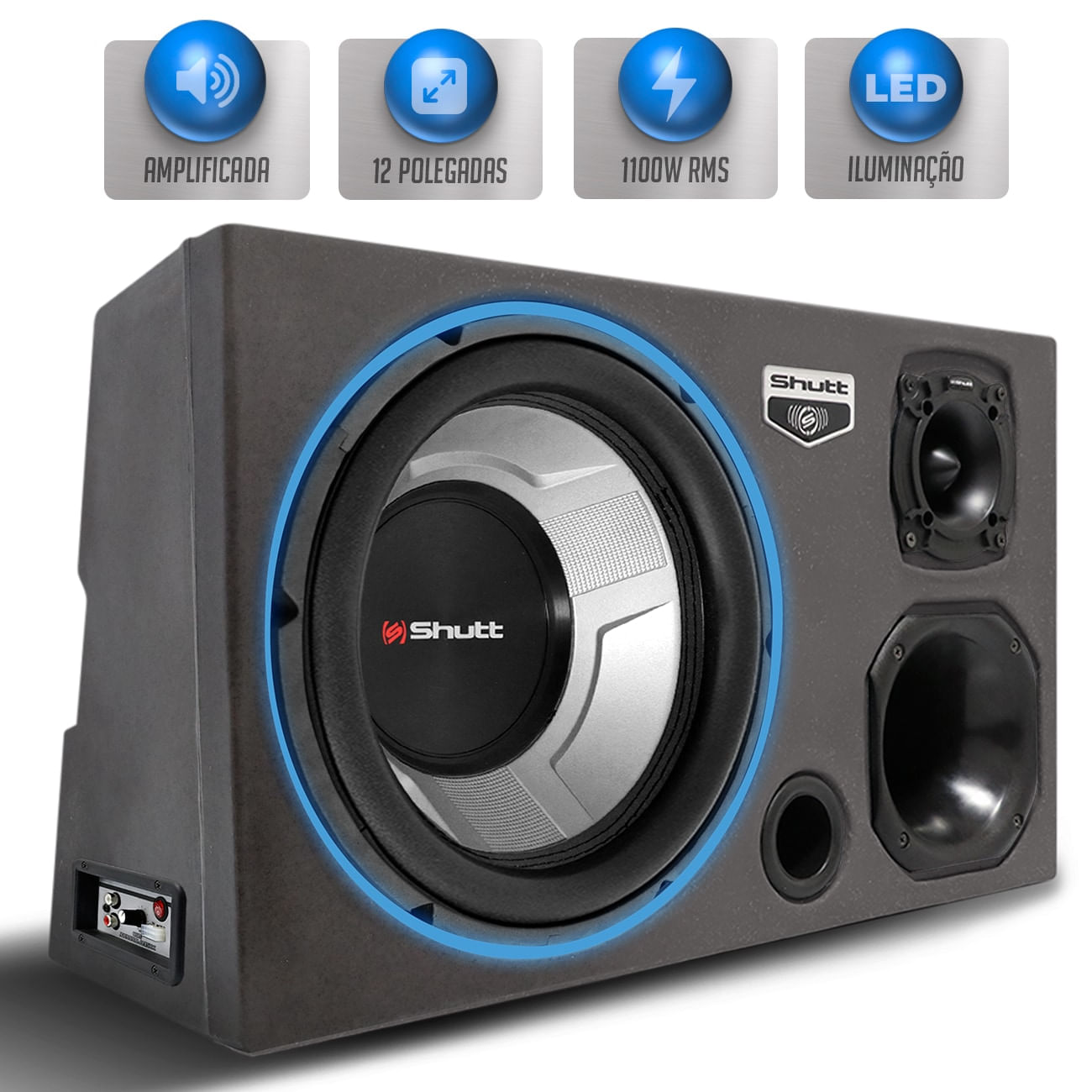 Caixa Som Trio Automotivo Amplificada Pigmentada Shutt 1100w RMS Subwoofer 12 Pol 4D4 Pancadão LED