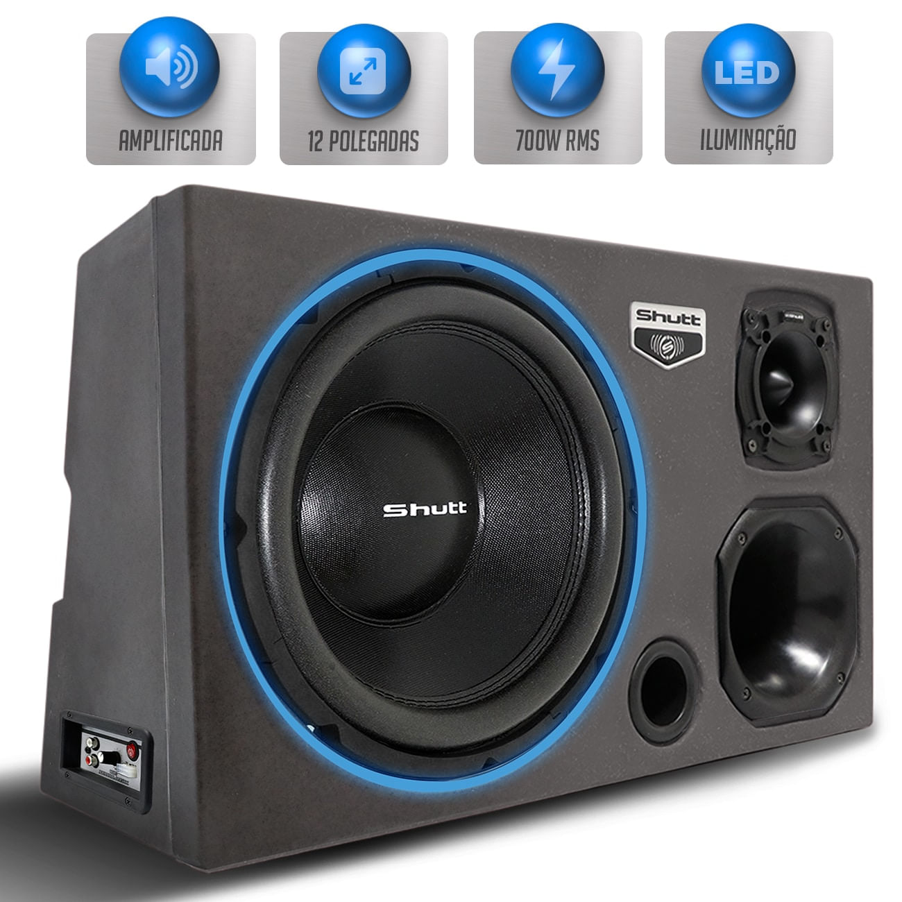 Caixa Som Trio Automotivo Amplificada Pigmentada Shutt 700w RMS Subwoofer 12 Pol Shutt Pancadão LED