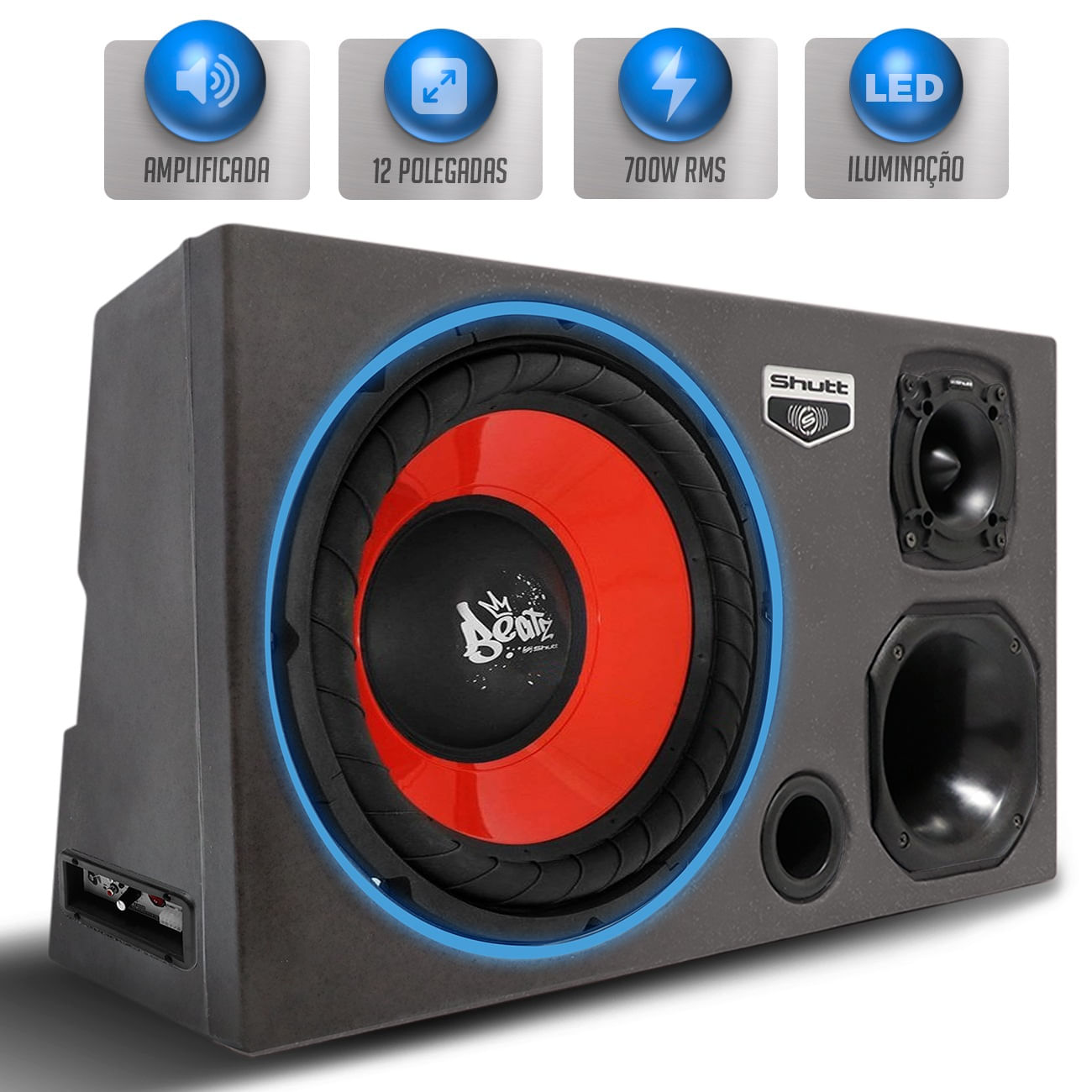 Caixa Som Trio Automotivo Amplificada Pigmentada Shutt 700w RMS Subwoofer 12 Pol Beatz Pancadão LED