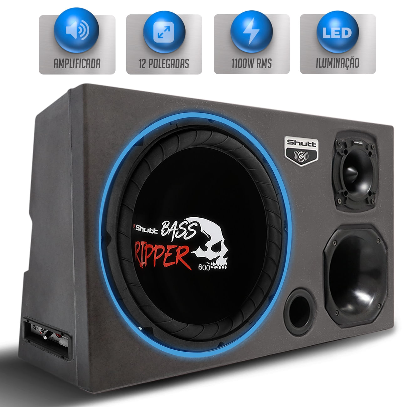 Caixa Som Trio Automotivo Amplificada Pigmentada Shutt 1100w RMS Subwoofer Ripper Caveira 12 Pol LED