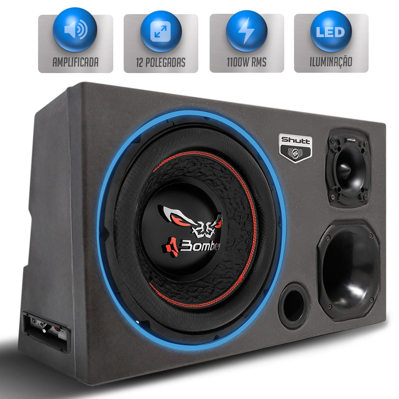 Caixa Som Trio Automotivo Amplificada Pigmentada Bomber 1100w RMS Subwoofer 12 Pol Bicho Papão LED