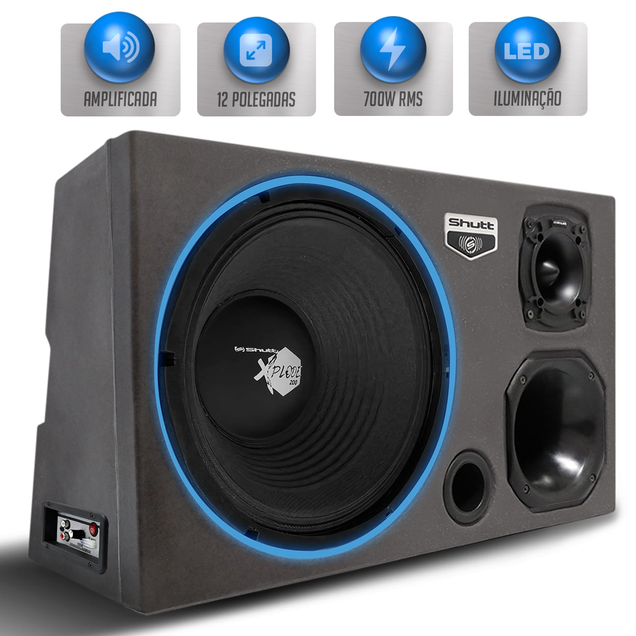 Encontraproduto.com.br - Caixa Som Trio Automotivo Amplificada Pigmentada Shutt 700w RMS Woofer Xplode 12 Pol Toca Muito LED