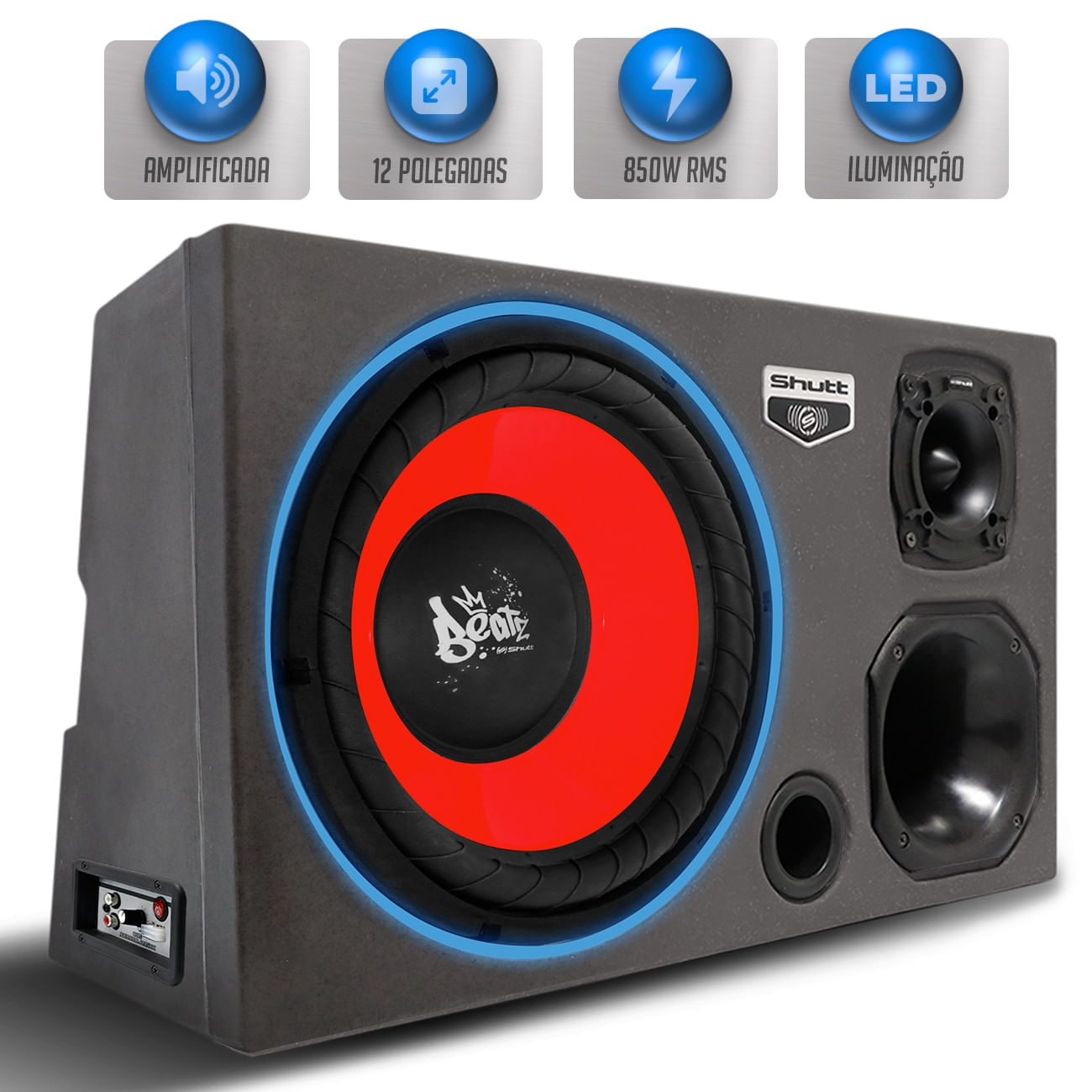 Caixa Som Trio Automotivo Amplificada Pigmentada Shutt 850w RMS Subwoofer Beatz 12 Pol Toca Muito LE