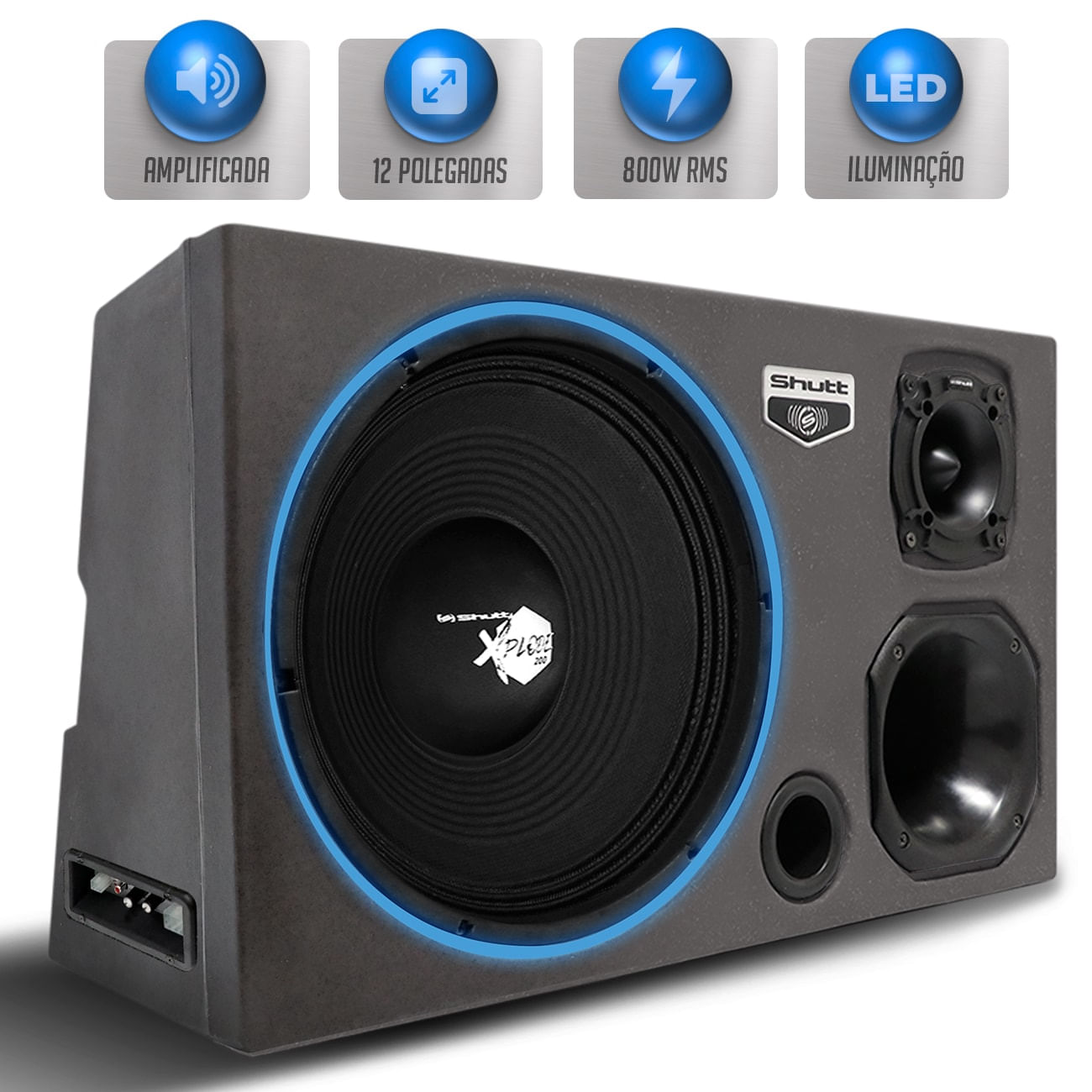 Caixa Som Trio Automotivo Amplificada Pigmentada Shutt 800w RMS Woofer Xplode 12 Pol Pancadão LED
