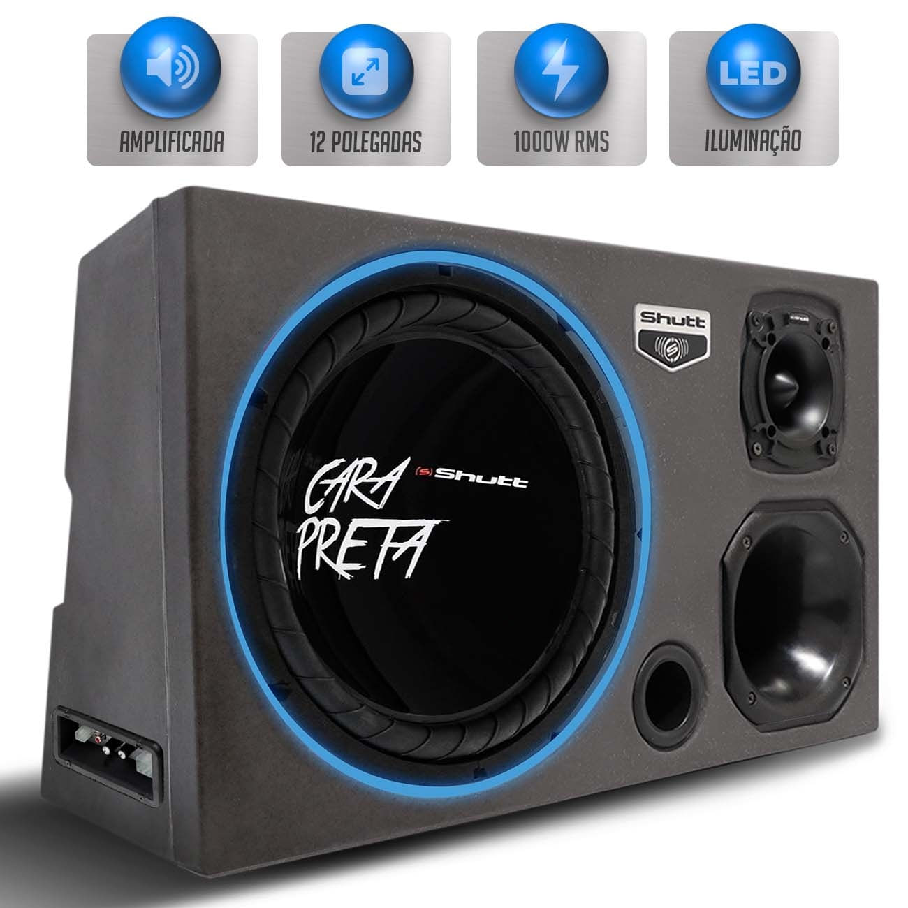 Caixa Som Trio Automotivo Amplificada Pigmentada Shutt 1000w RMS Subwoofer 12 Pol Cara Preta LED