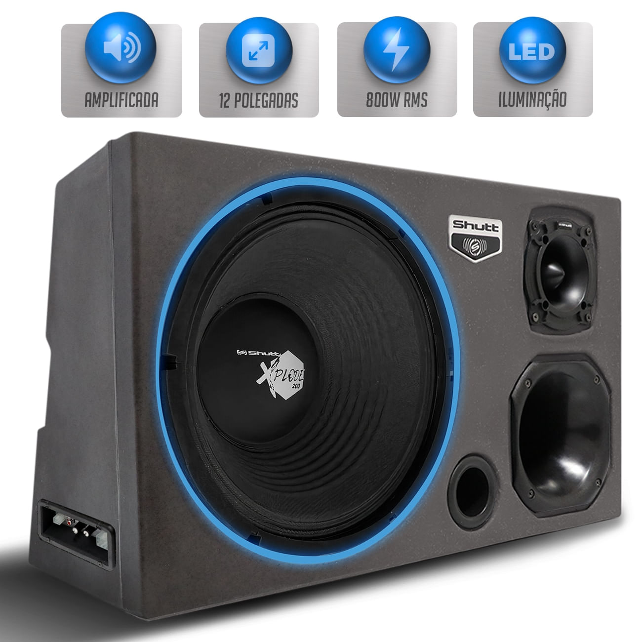 Encontraproduto.com.br - Caixa Som Trio Automotivo Amplificada Pigmentada Shutt 800w RMS Woofer 12 Pol Xplode Toca Muito LED