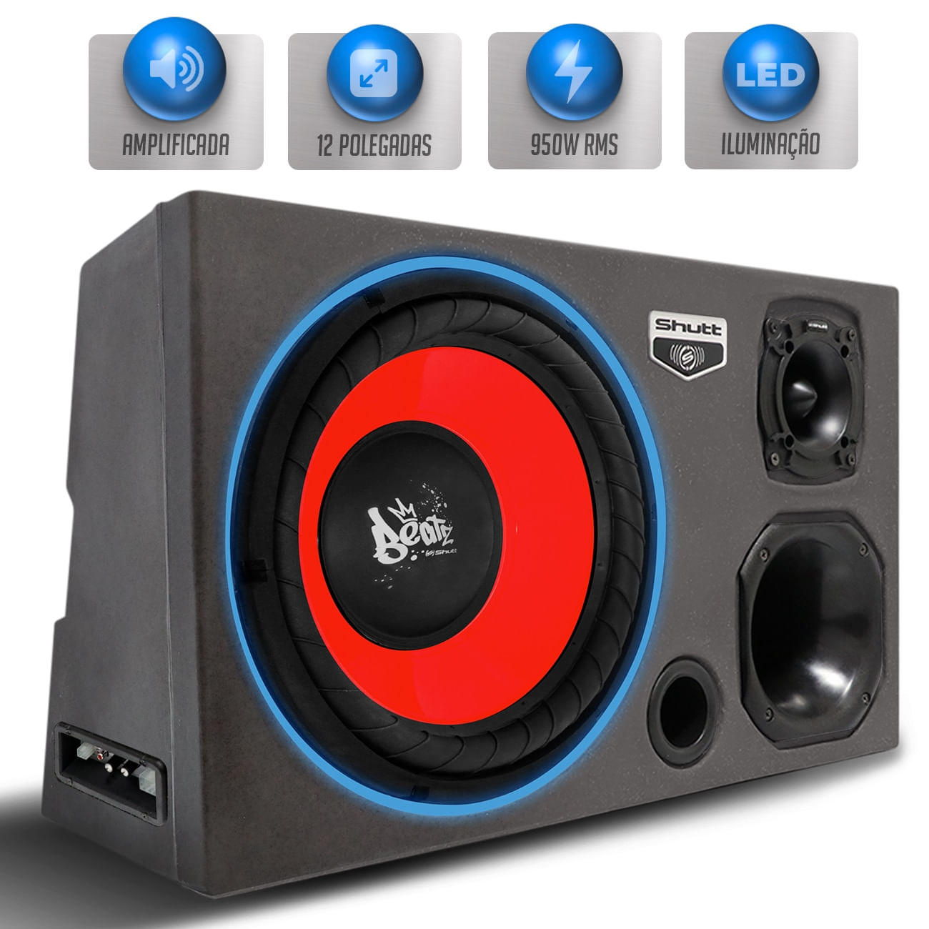 Caixa Som Trio Automotivo Amplificada 950W RMS Subwoofer Shutt Beatz 12 Pol Grave Forte LED Neon