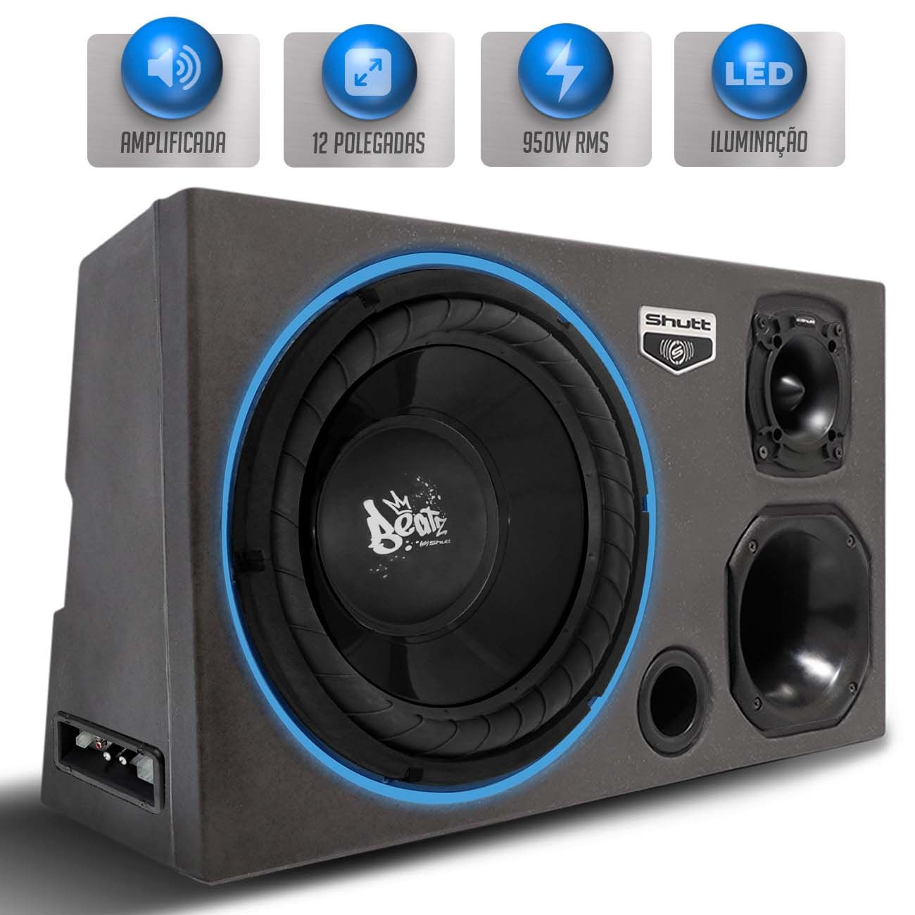 Caixa Som Trio Automotivo Amplificada Pigmentada Shutt 950w RMS Subwoofer 12 Pol Beatz Pancadão LED