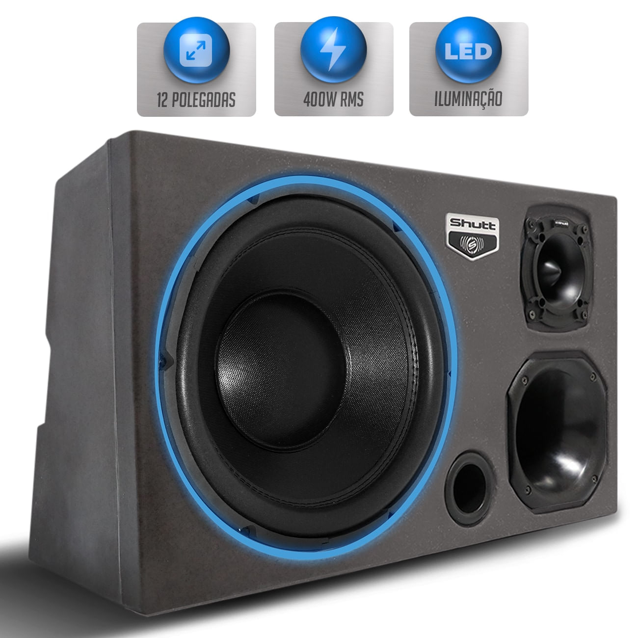 Caixa Som Trio Automotivo Pigmentada Shutt 400w RMS Subwoofer Connect 12 Pol Grave Forte Potente LED
