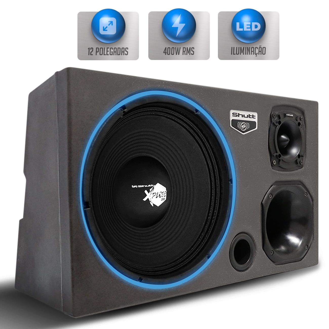 Encontraproduto.com.br - Caixa Som Trio Automotivo Pigmentada Shutt 400w RMS Woofer Xplode 12 Pol Toca Muito Som Forte LED
