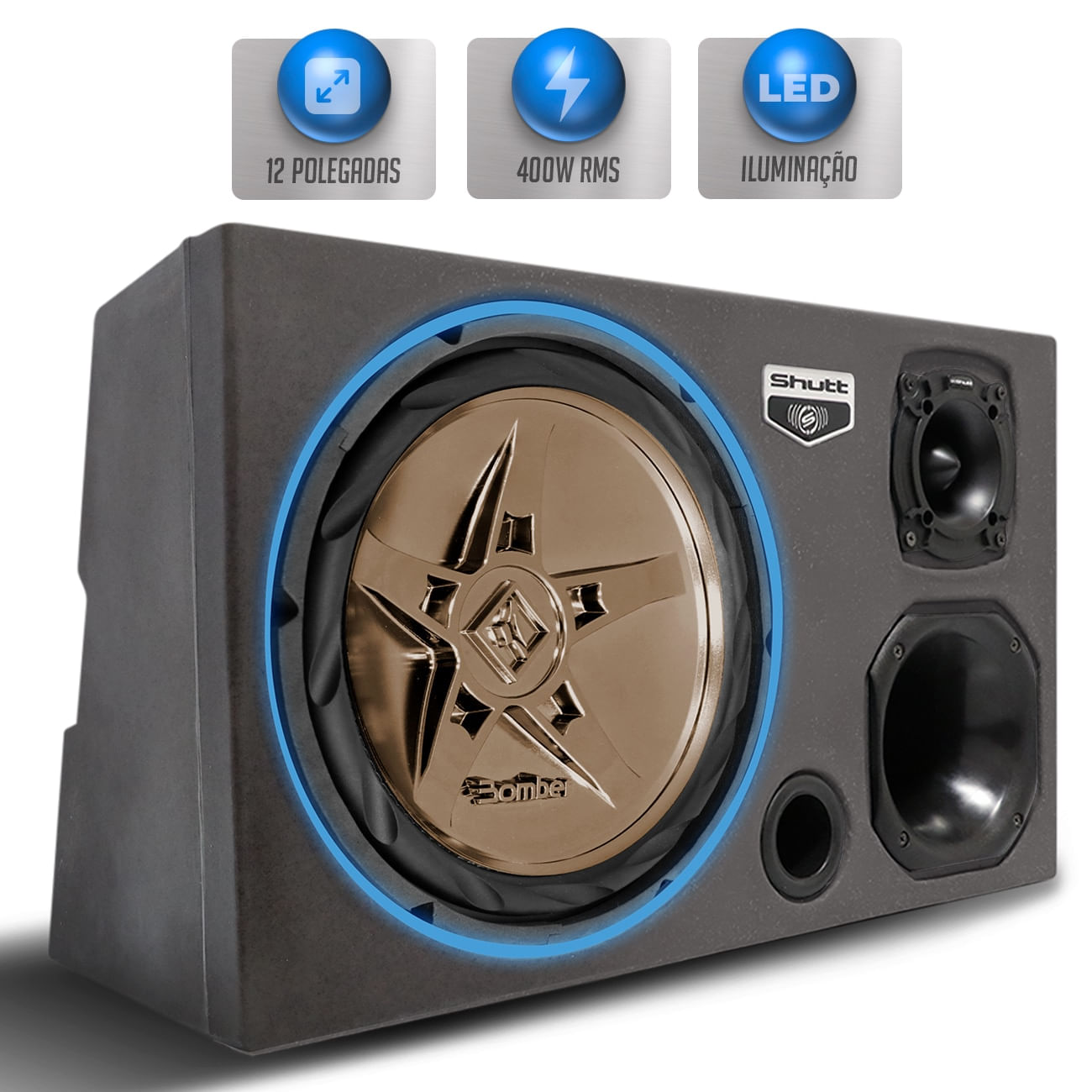 Caixa Som Trio Automotivo Pigmentada Bomber 400w RMS Subwoofer New Edge 12 Pol Grave Forte Carro LED