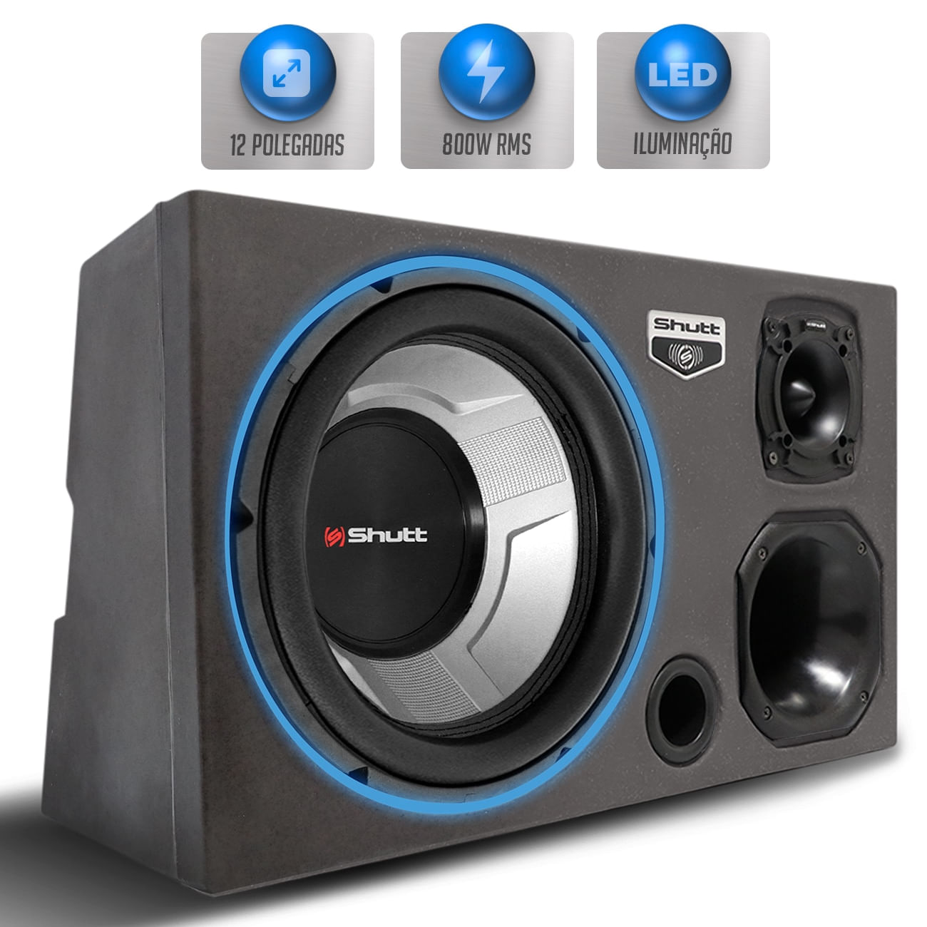 Caixa Som Trio Automotivo Pigmentada Shutt 800w RMS Subwoofer 4D4 12 Pol Pancadão Grave Forte LED