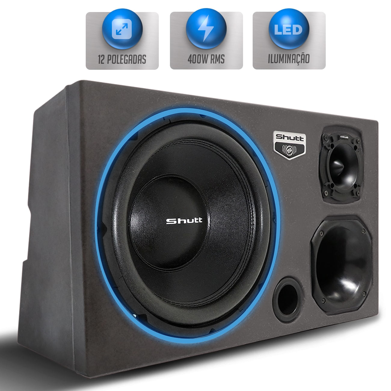 Encontraproduto.com.br - Caixa Som Trio Automotivo Pigmentada Shutt 400w RMS Subwoofer Shutt 12 Pol Pancadão Grave Forte LED