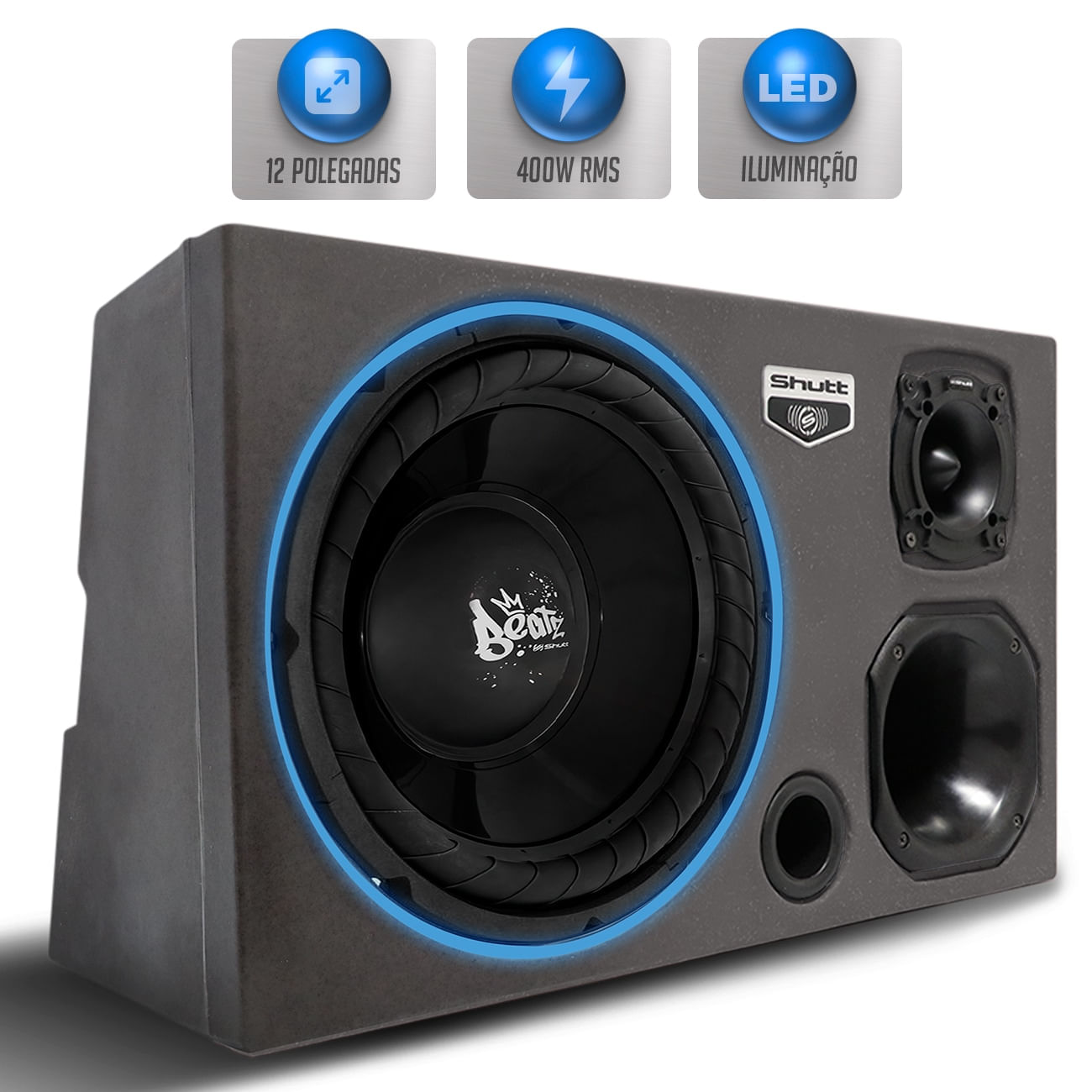 Caixa Som Trio Automotivo Pigmentada Shutt 400w RMS Subwoofer Beatz 12 Pol Pancadão Grave Forte LED
