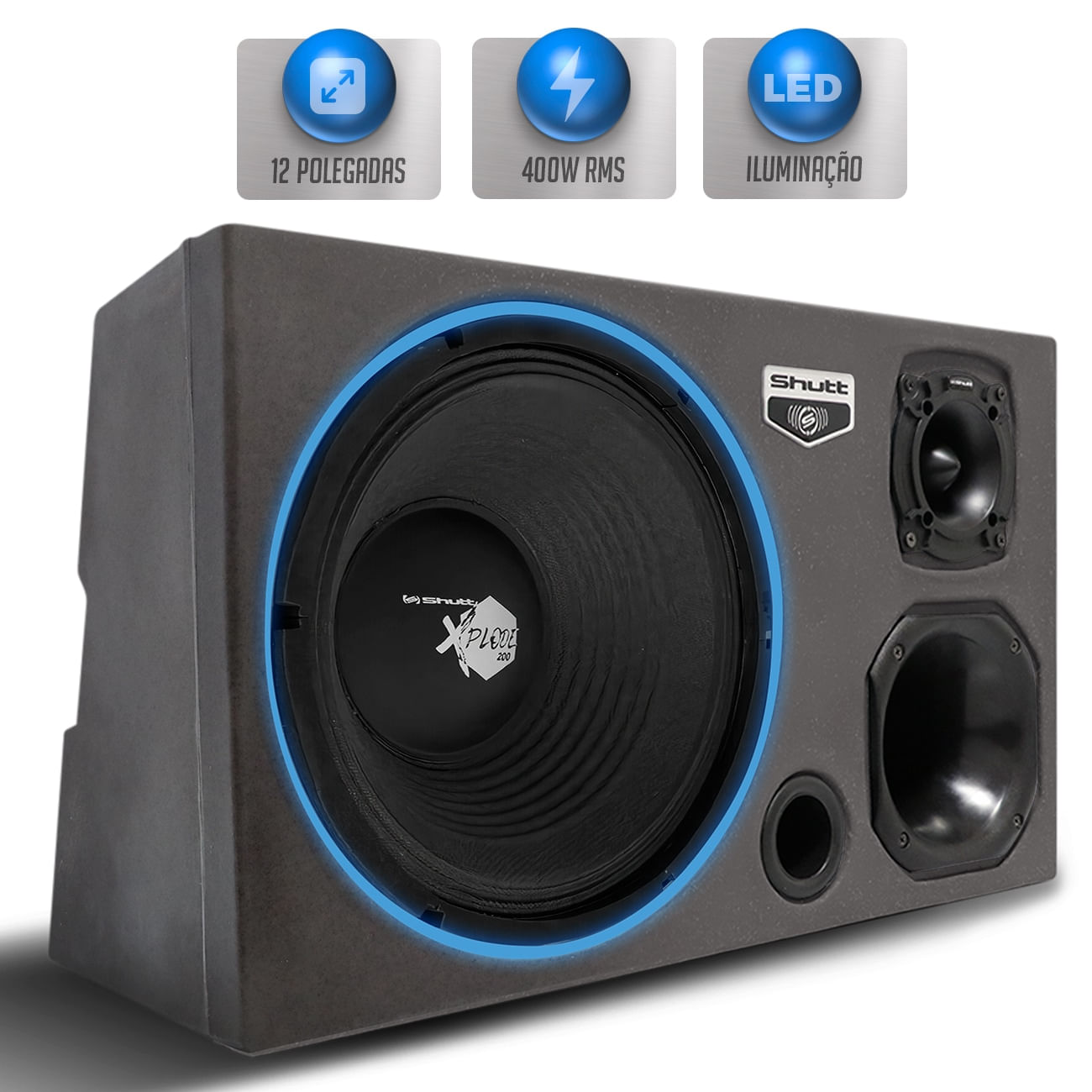 Caixa Som Trio Automotivo Pigmentada Shutt 400w RMS Woofer Xplode 12 Pol Toca Muito Som Forte LED