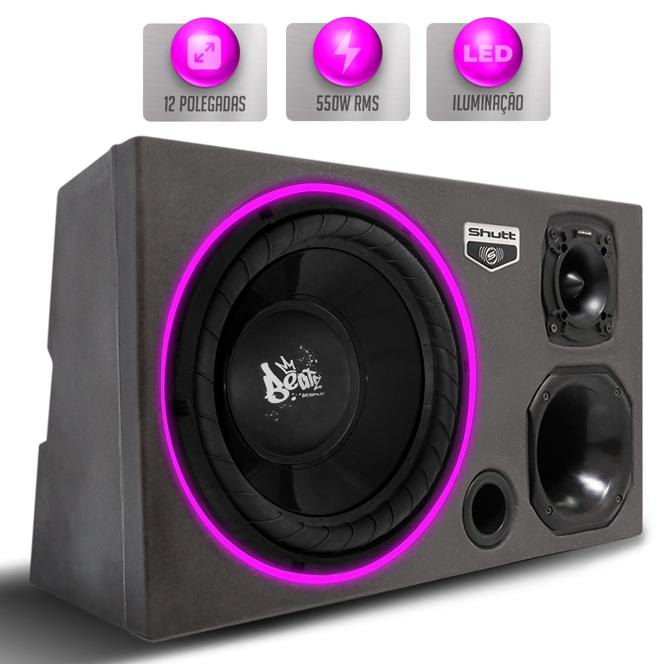Caixa Som Trio Automotivo Pigmentada Shutt 550w RMS Subwoofer Beatz 12 Pol Toca Muito Som Forte LED
