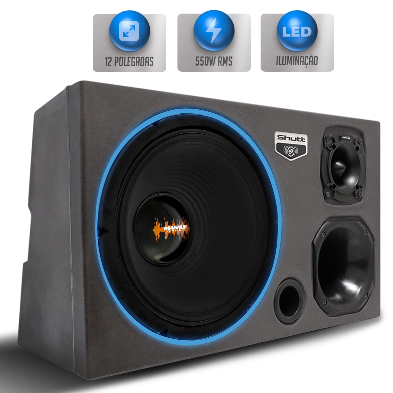 Encontraproduto.com.br - Caixa Som Trio Automotivo Pigmentada Magnum 550w RMS Woofer Extreme 12 Pol Toca Muito Som Forte LED