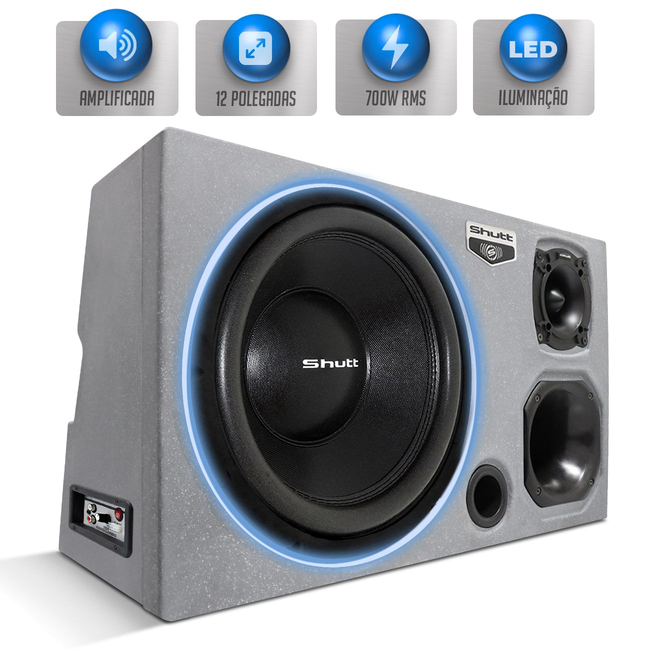 Caixa Som Trio Automotivo Amplificada 700W RMS Subwoofer Shutt 12 Polegadas com LED Neon
