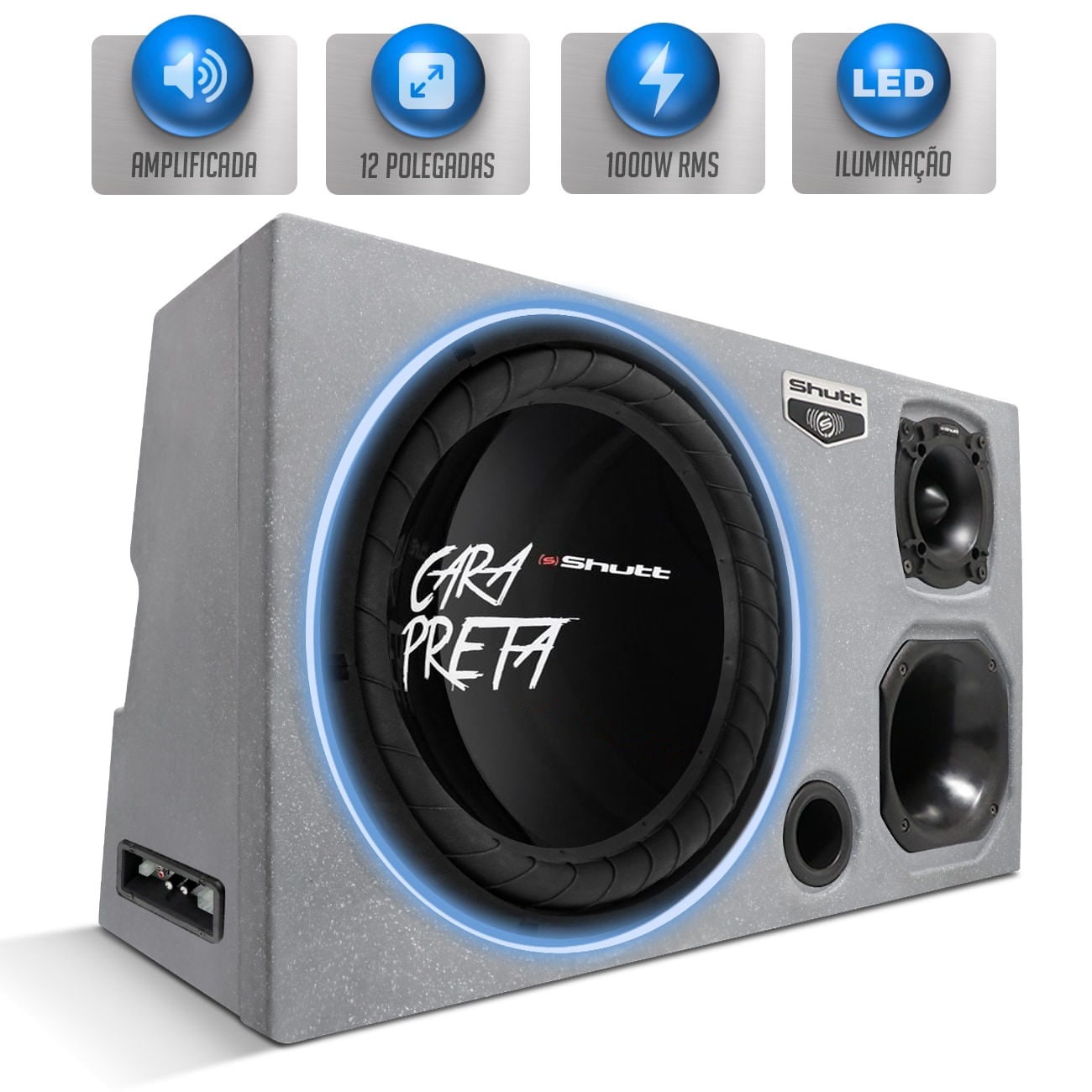 Caixa Som Trio Amplificada Subwoofer Shutt Cara Preta 1000W RMS 12 Polegadas LED Neon