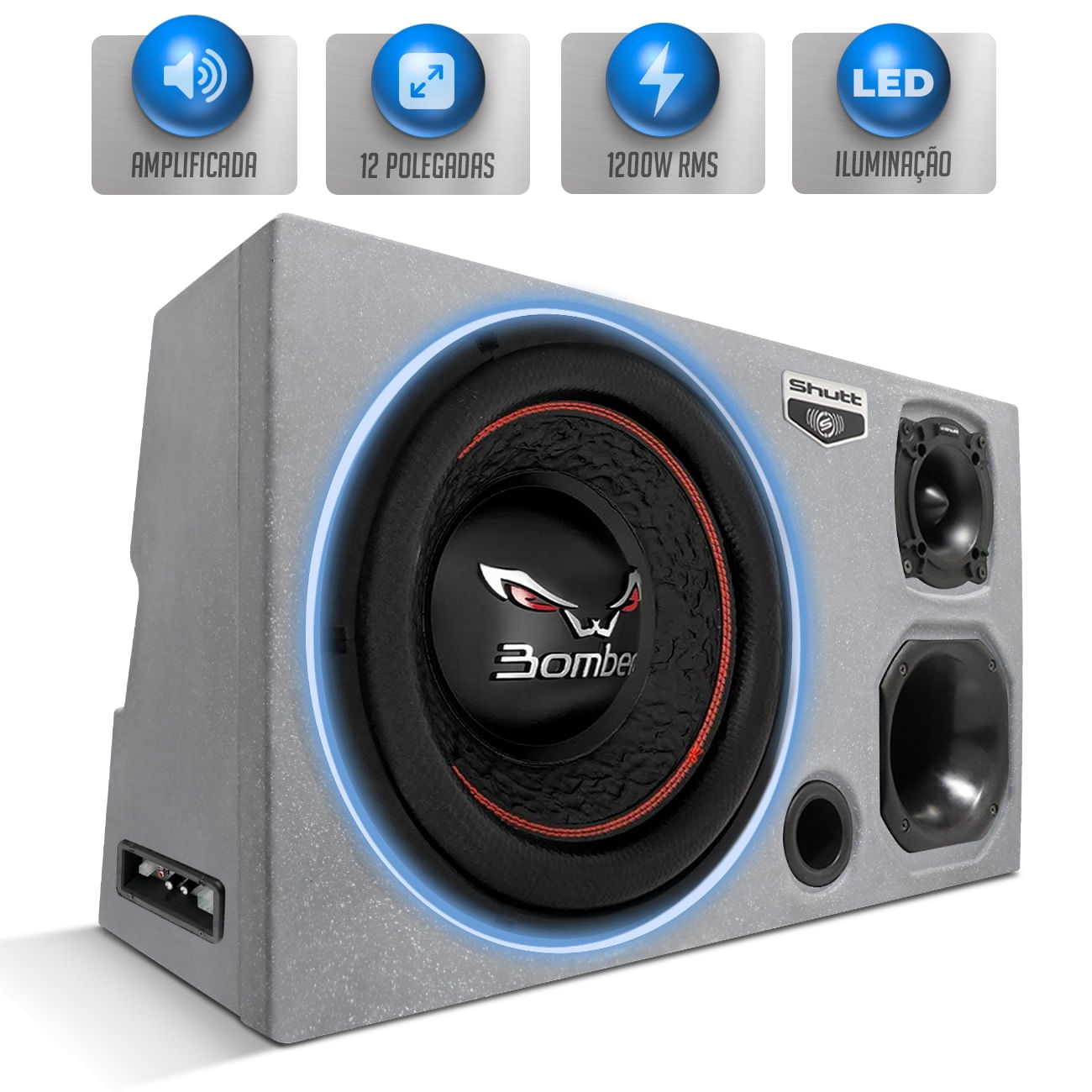 Caixa de Som Trio Amplificada 1200W RMS Subwoofer Bomber Bicho Papão 12 Polegadas LED Neon Carro