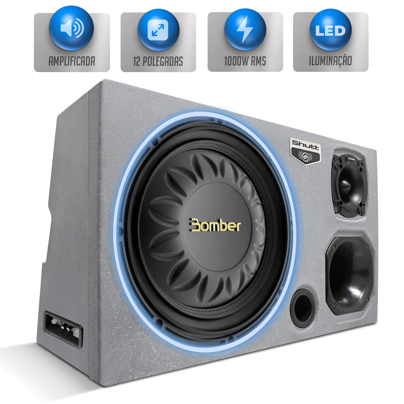Caixa de Som Trio Amplificada 1000W RMS Subwoofer Bomber Slim High Power 12 Polegadas LED Neon Carro