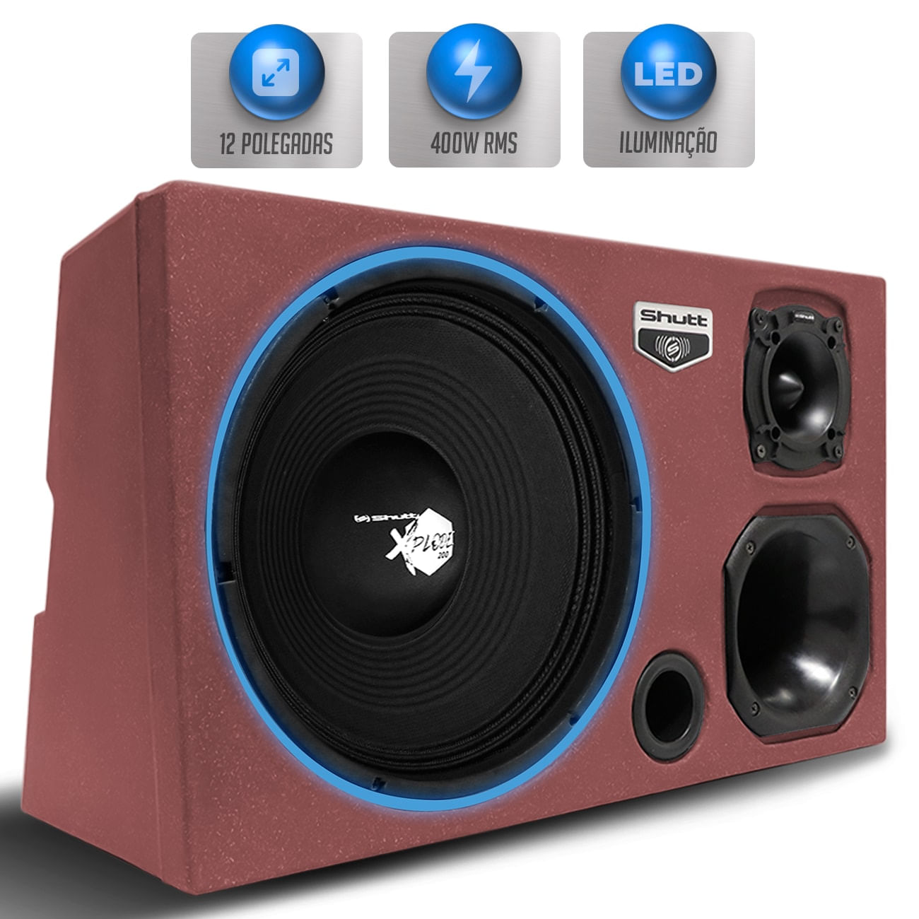 Encontraproduto.com.br - Caixa Som Trio Automotivo Pigmentada Shutt 400w RMS Woofer Xplode 12 Pol Toca Muito Som Forte LED