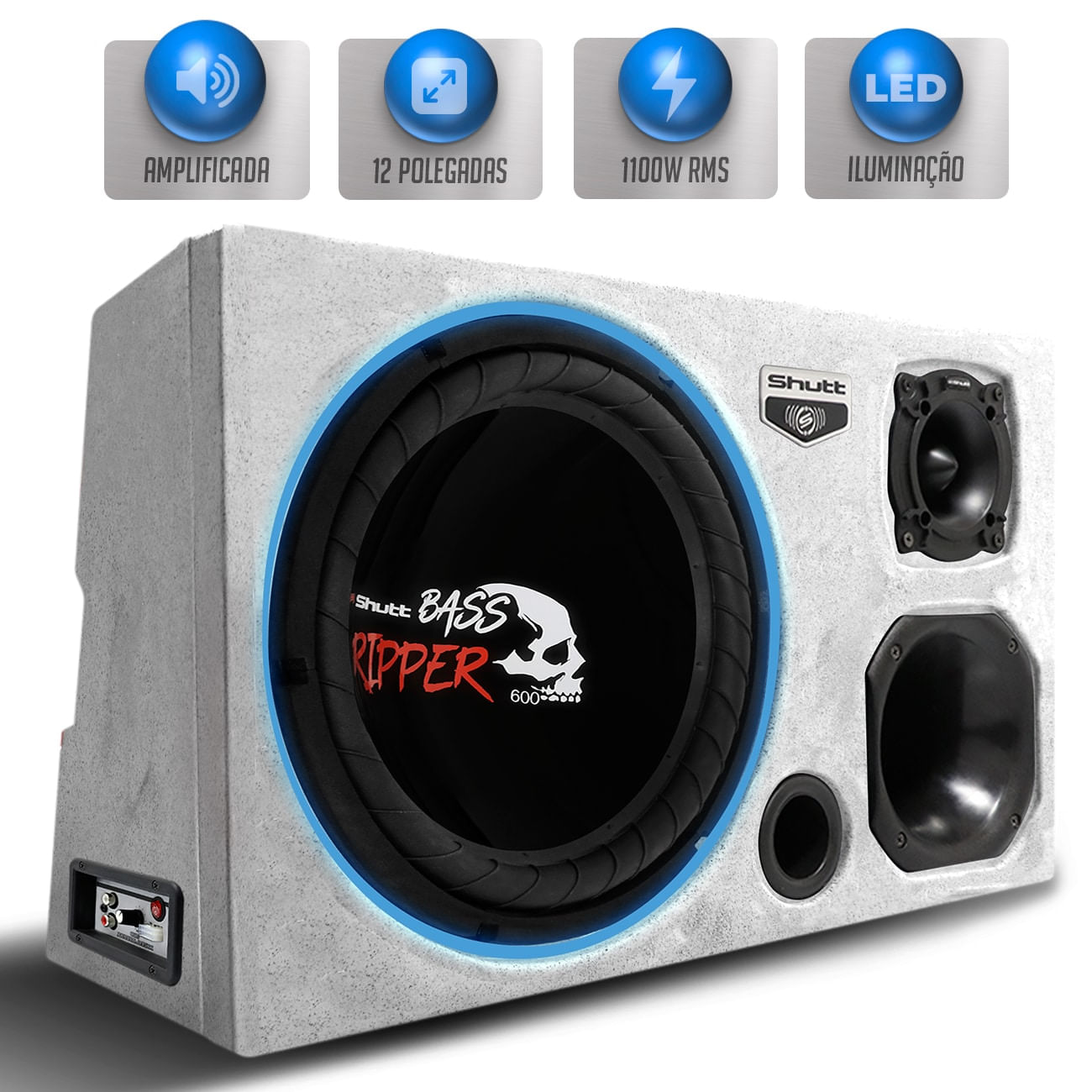 Caixa Som Trio Automotivo Amplificada Pigmentada Shutt 1100w RMS Subwoofer 12 Pol Ripper Caveira LED