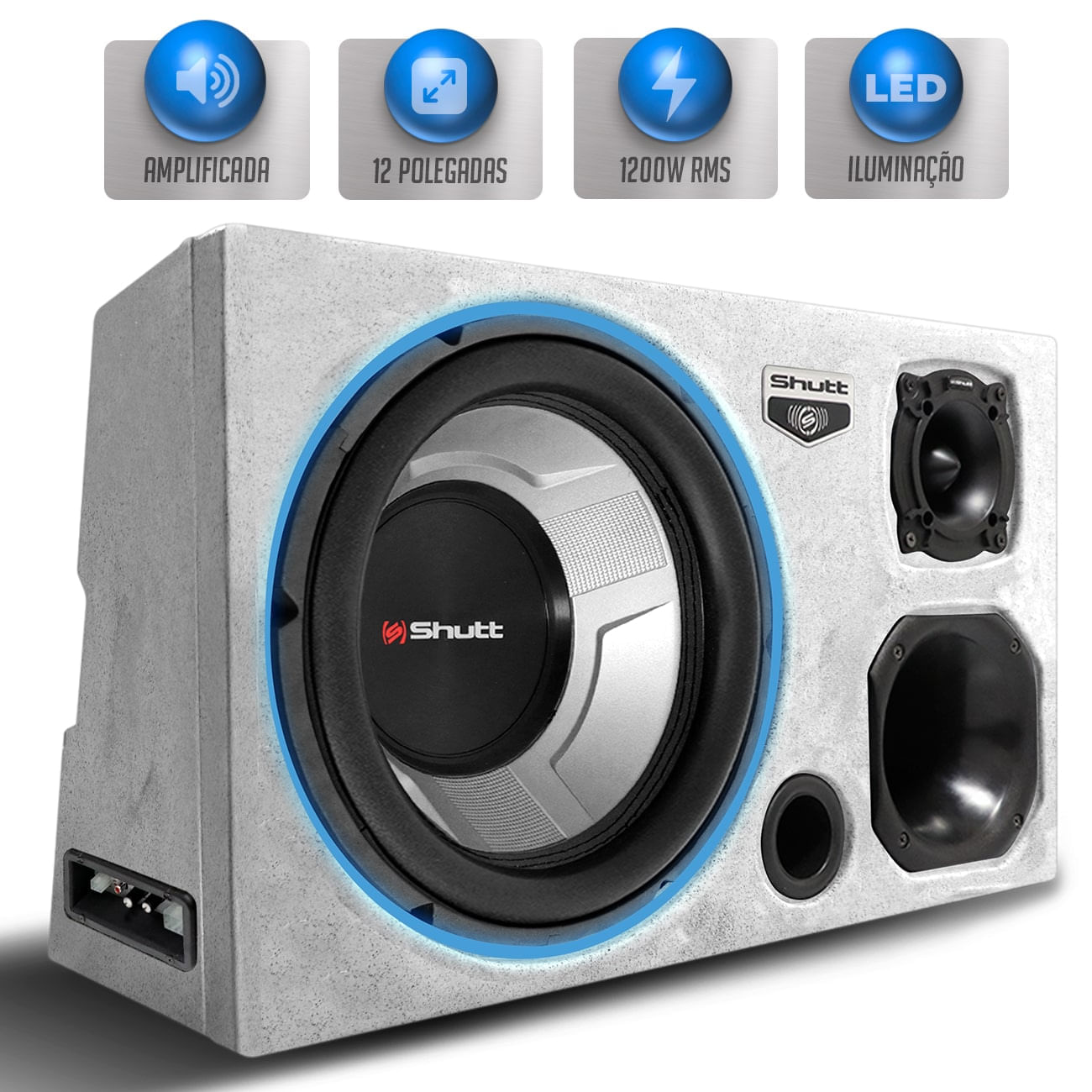 Caixa Som Trio Amplificada Shutt 1200w RMS Subwoofer 12 Pol 4D4 Grave Forte Carro Pancadão LED