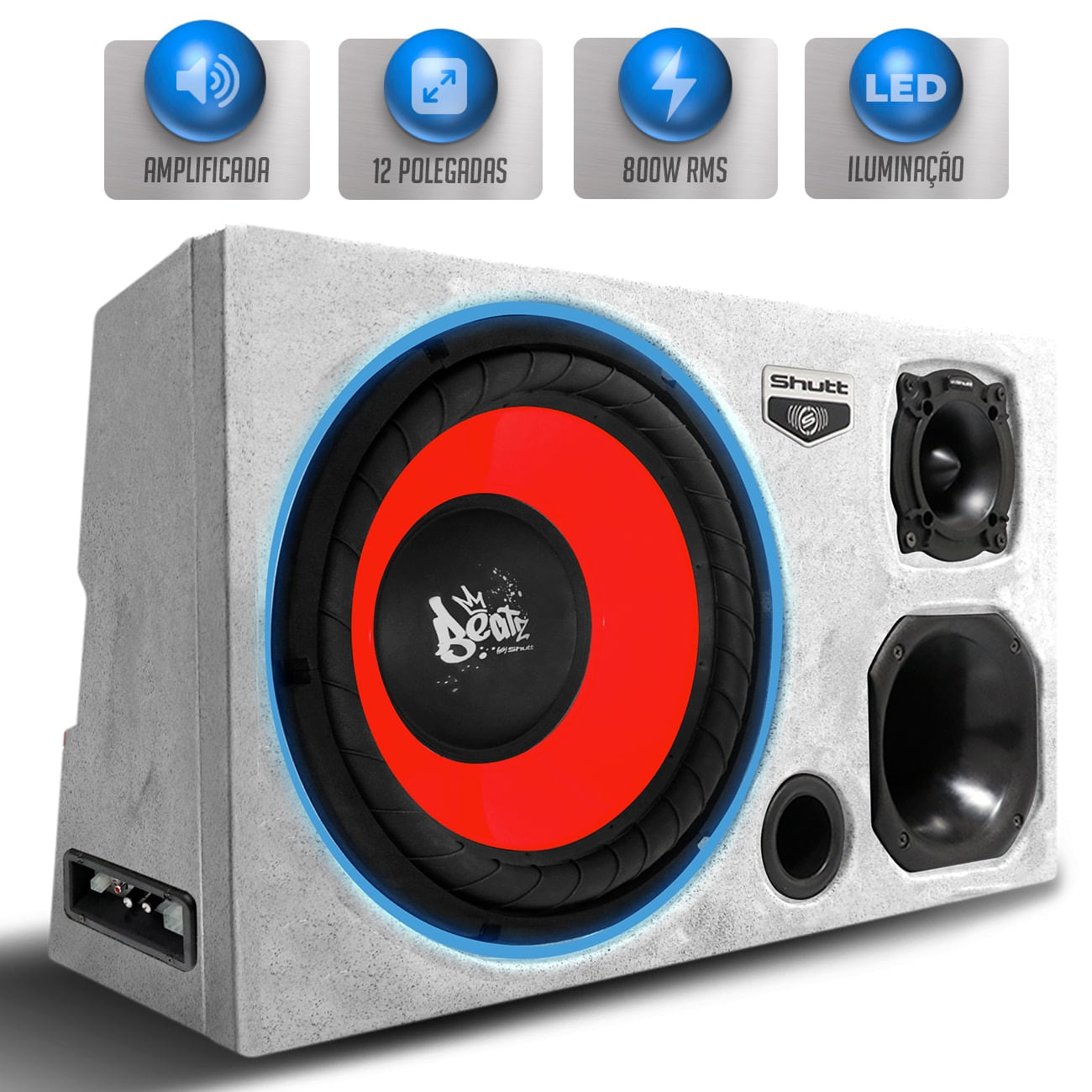 Caixa Som Trio Amplificada Shutt 800w RMS Subwoofer 12 Pol Beatz Grave Forte Carro Pancadão LED