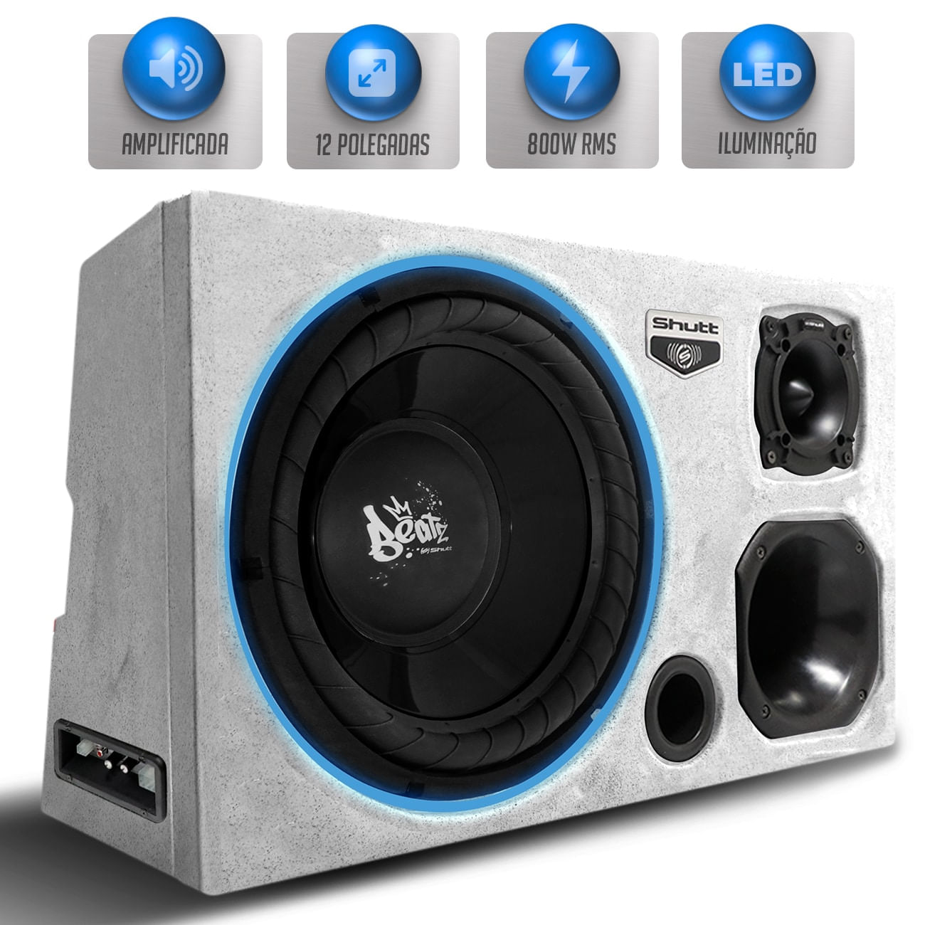 Caixa Som Trio Automotivo Amplificada Pigmentada Shutt 800W RMS Subwoofer 12 Pol Beatz Dutada LED