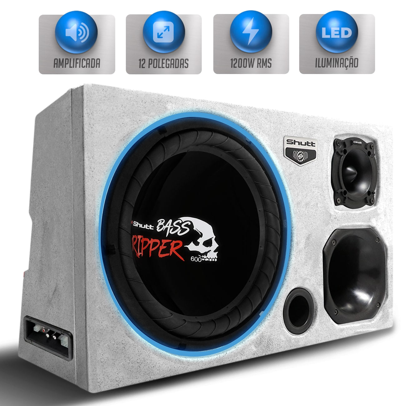 Caixa Som Trio Automotivo Amplificada Pigmentada Shutt 1200W RMS Subwoofer 12 Pol Ripper Caveira LED