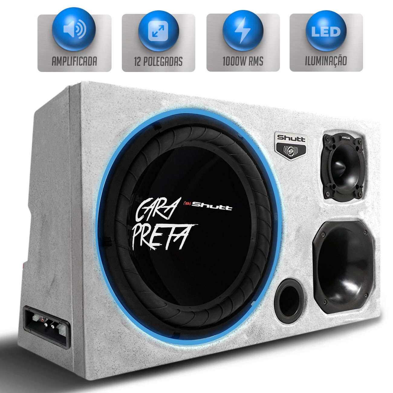 Caixa Som Trio Amplificada Shutt Pigmentada Branco 1000w Subwoofer Cara Preta 12 Pol Dutada LED
