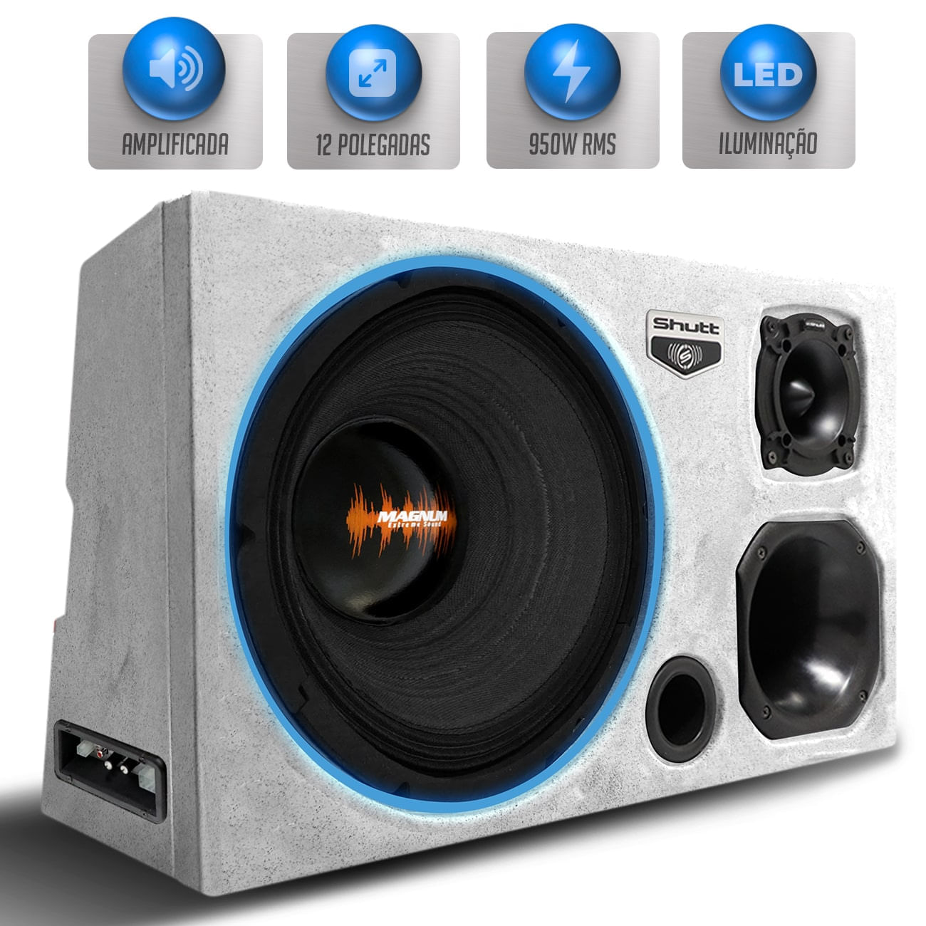 Caixa Som Trio Automotivo Amplificada 950W RMS Woofer Magnum Extreme Sound 12 Polegadas Injetada LED