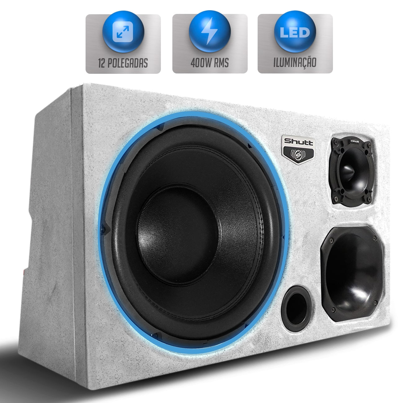 Caixa de Som Trio Automotivo 400W RMS Shutt Connect 12 Polegadas Injetada Grave Forte LED