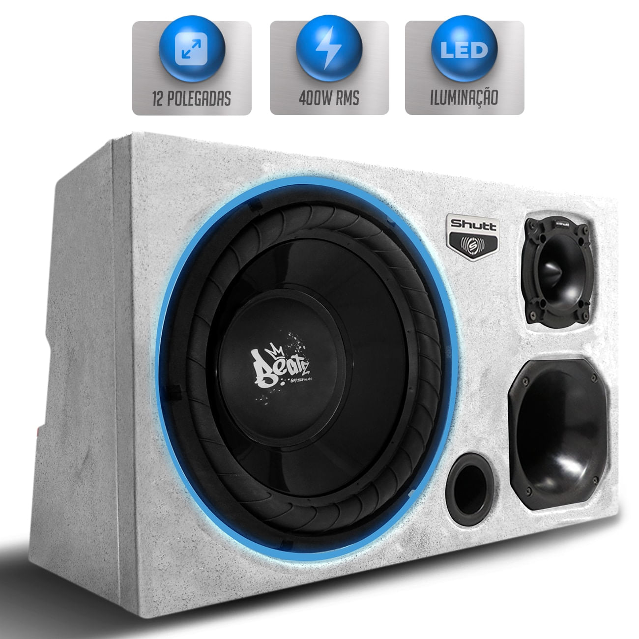 Caixa Som Trio Automotivo Pigmentada Branco Shutt 400w RMS Subwoofer 12 Pol Beatz Grave Forte + LED