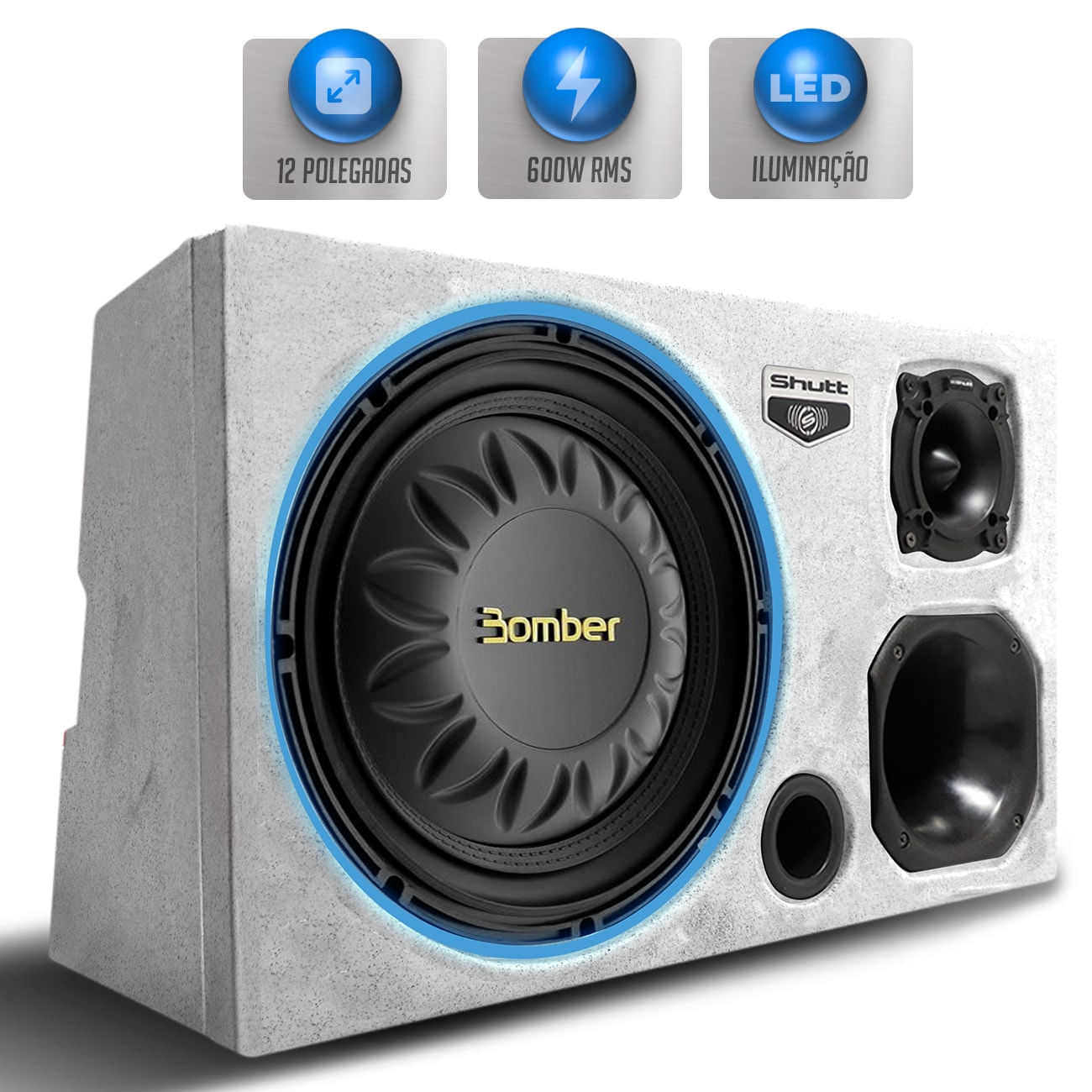 Caixa Som Trio Automotivo Pigmentada Bomber 600w RMS Subwoofer Slim 12 Pol Grave Forte Pancadão LED