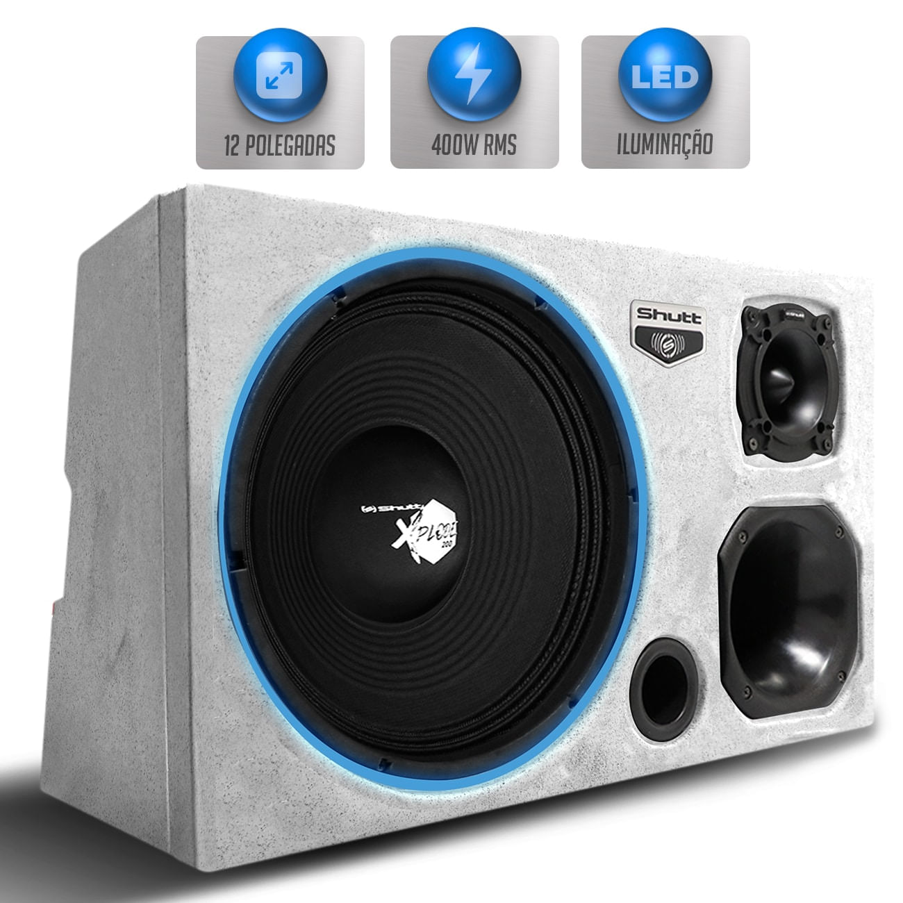 Caixa Som Trio Automotivo Pigmentada Shutt 400w RMS Woofer Xplode 12 Polegadas Toca Muito LED