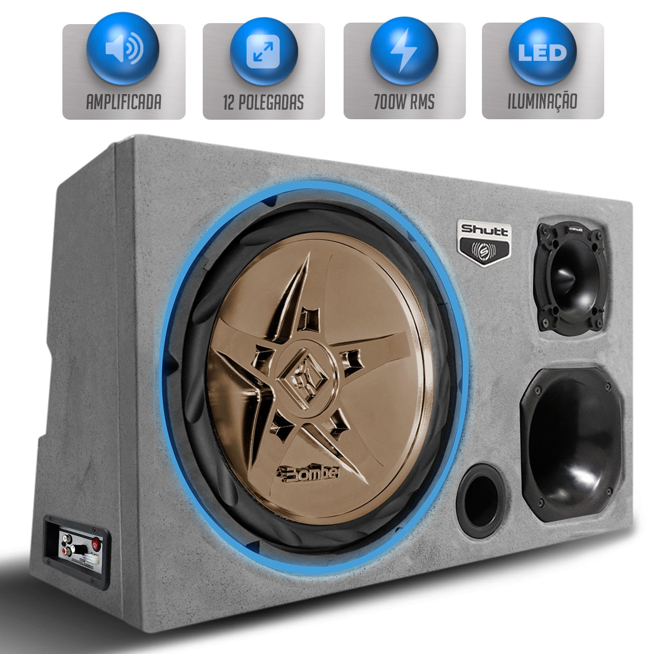 Caixa Som Trio Automotivo Amplificada Pigmentada Bomber 700w RMS Subwoofer New Edge 12 Pol LED