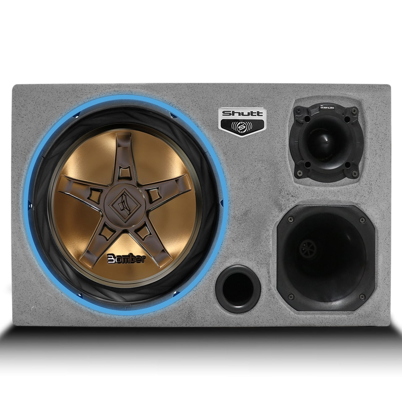 Encontraproduto.com.br - Caixa Som Trio Automotivo Amplificada Pigmentada Bomber 700w RMS Subwoofer New Edge 12 Pol LED