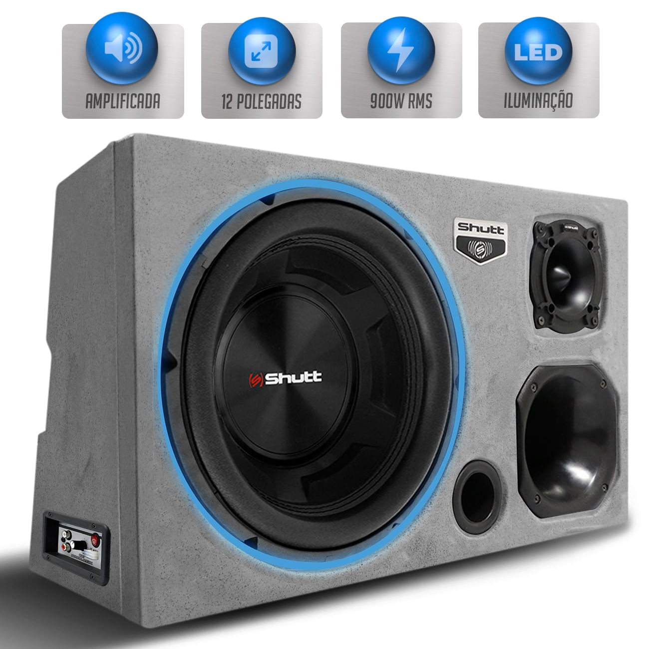 Caixa Som Trio Automotivo Amplificada Pigmentada Shutt 900w RMS Subwoofer 4D 12 Pol Grave Forte LED