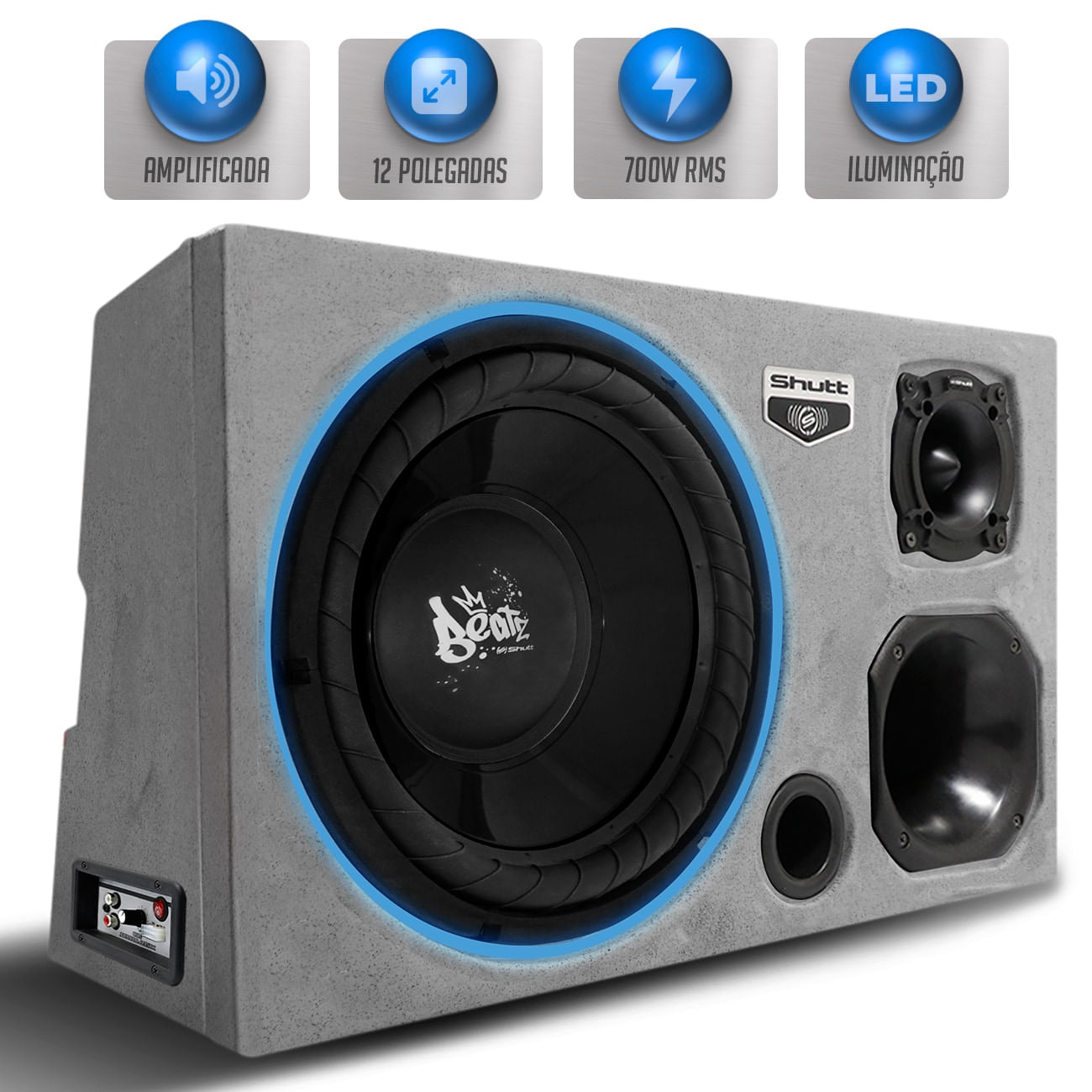 Caixa Som Trio Automotivo Amplificada Pigmentada Shutt 700w RMS Subwoofer Beatz 12 Pol Pancadão LED