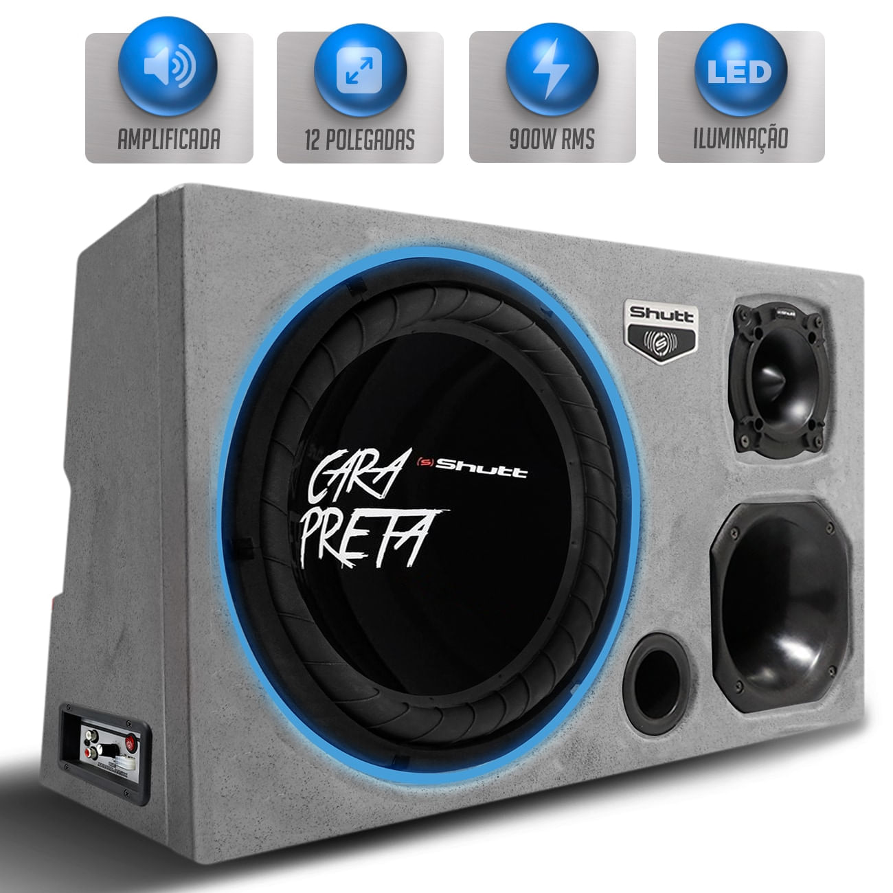 Caixa Som Trio Automotivo Amplificada Pigmentada Cinza Shutt 900w RMS Subwoofer 12Pol Cara Preta LED