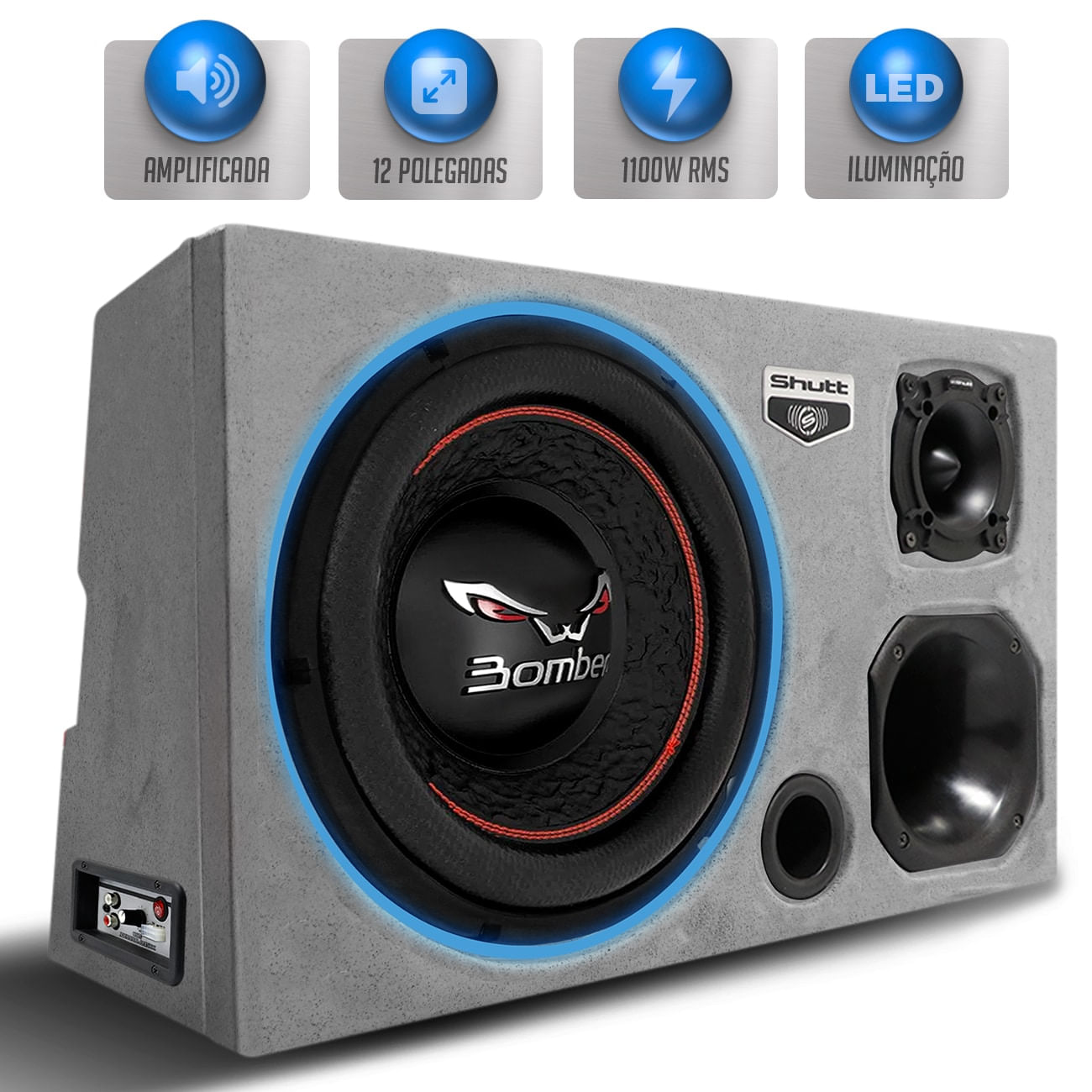 Caixa Som Trio Amplificada Pigmentada Cinza Bomber 1100w RMS Subwoofer 12 Pol Bicho Papão LED